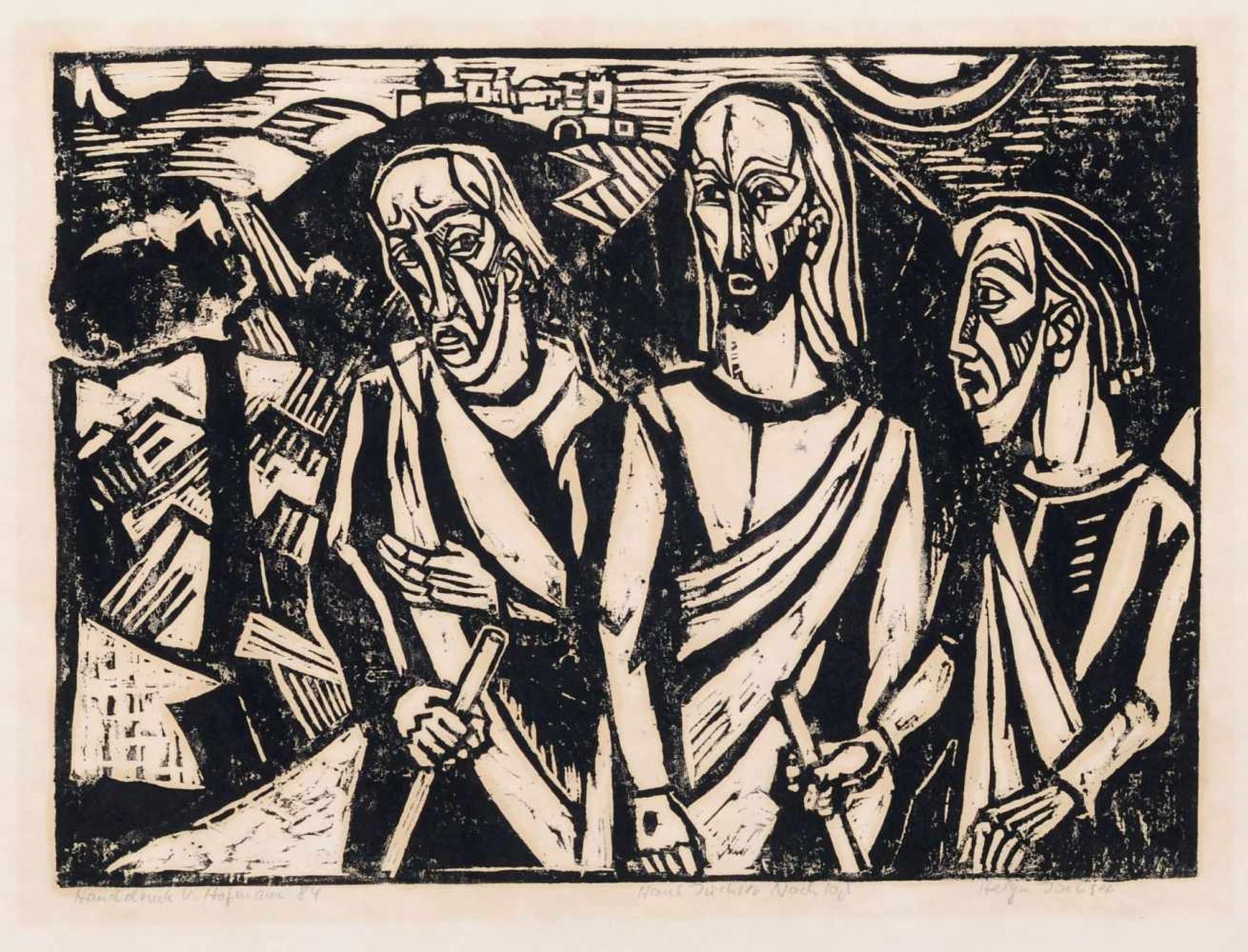 Hans Jüchser "Gang nach Emmaus". Wohl 1960er Jahre. Holzschnitt auf wolkigem Papier.