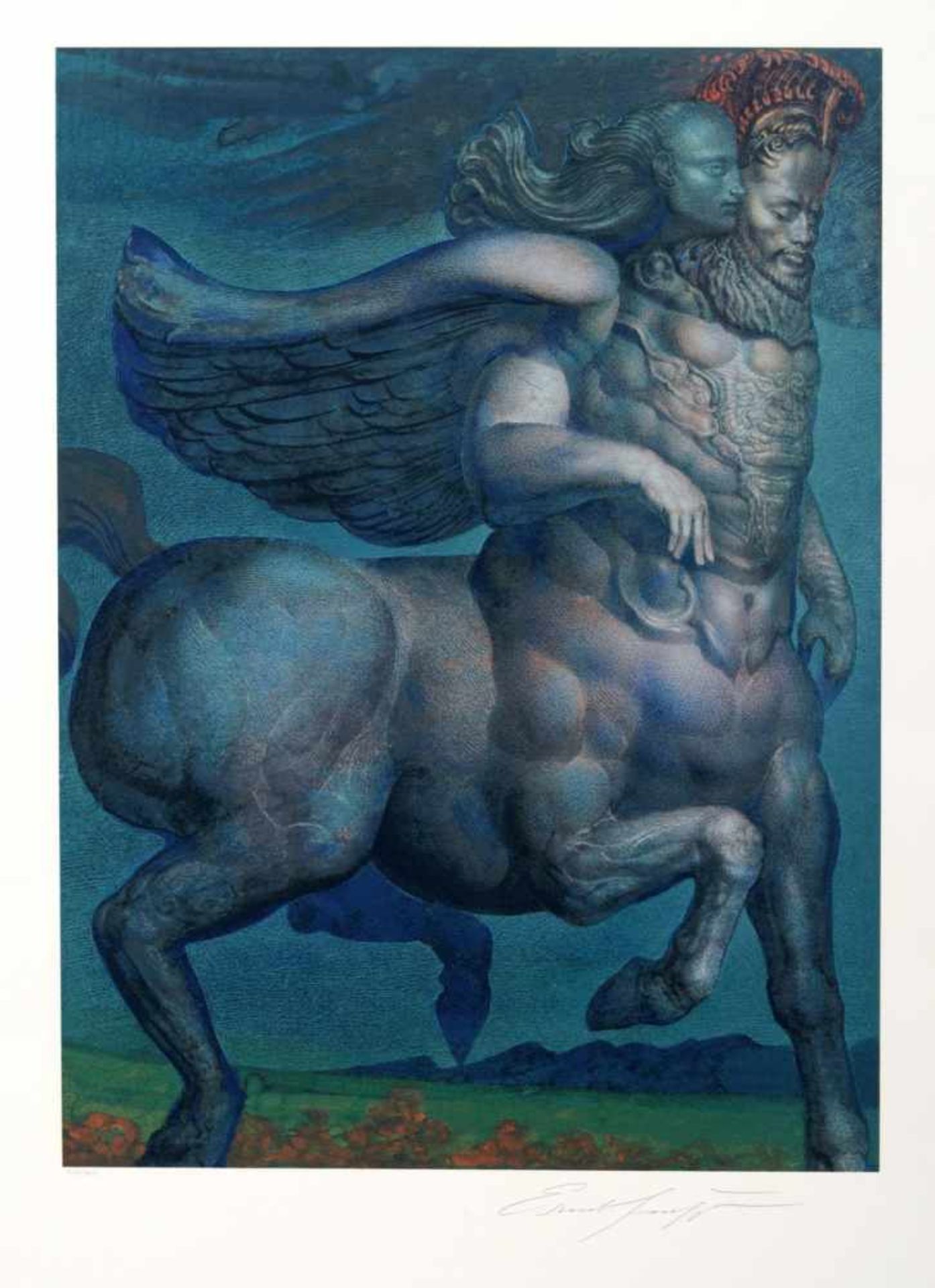 Ernst Fuchs "Pegasus und Muse". 1979. Farbserigrafie auf kräftigem Bütten, gedruckt in 50 Farben. In
