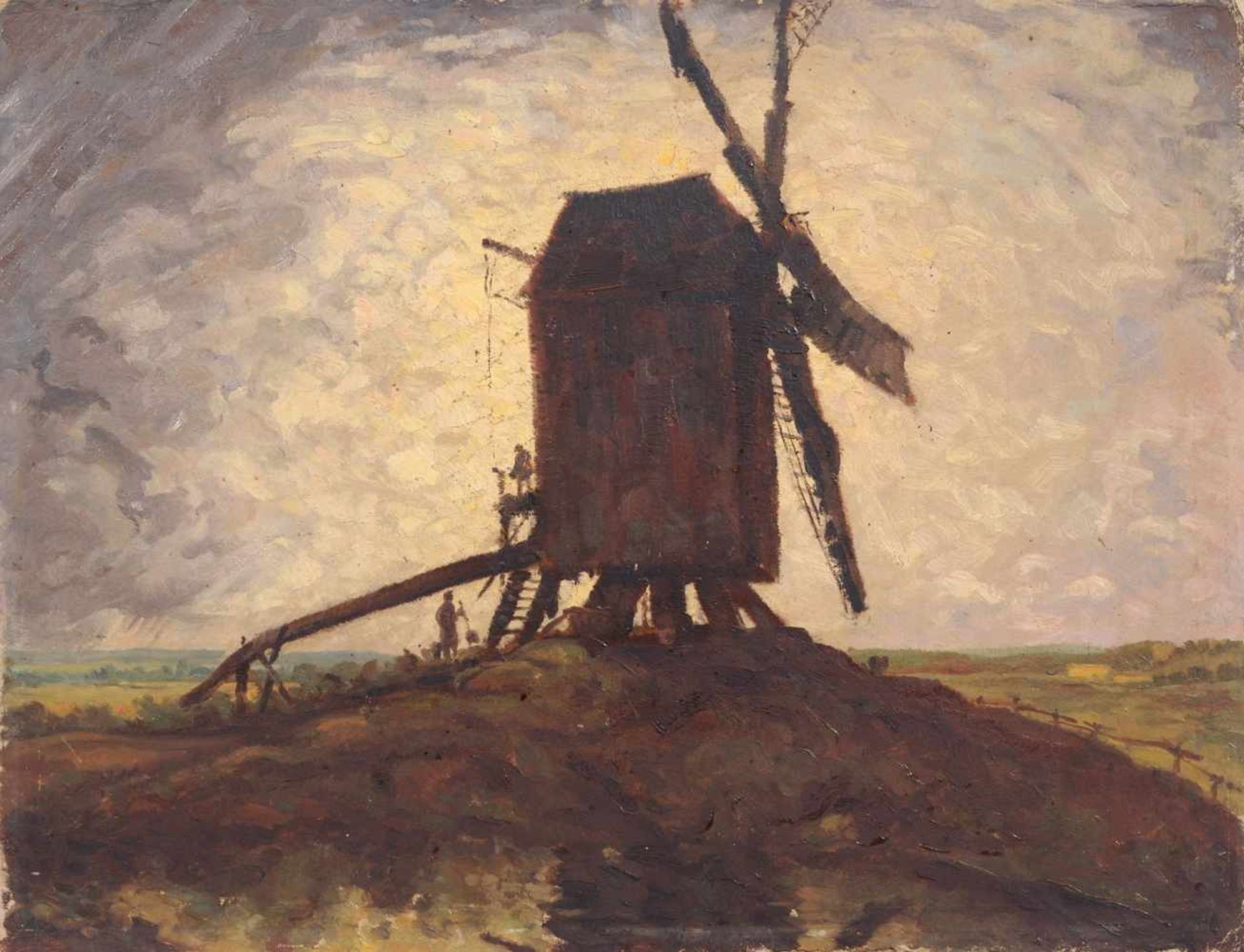 Unbekannter Dresdner Künstler, Bockwindmühle. Wohl 1920er Jahre. Öl auf Malpappe. Unsigniert.