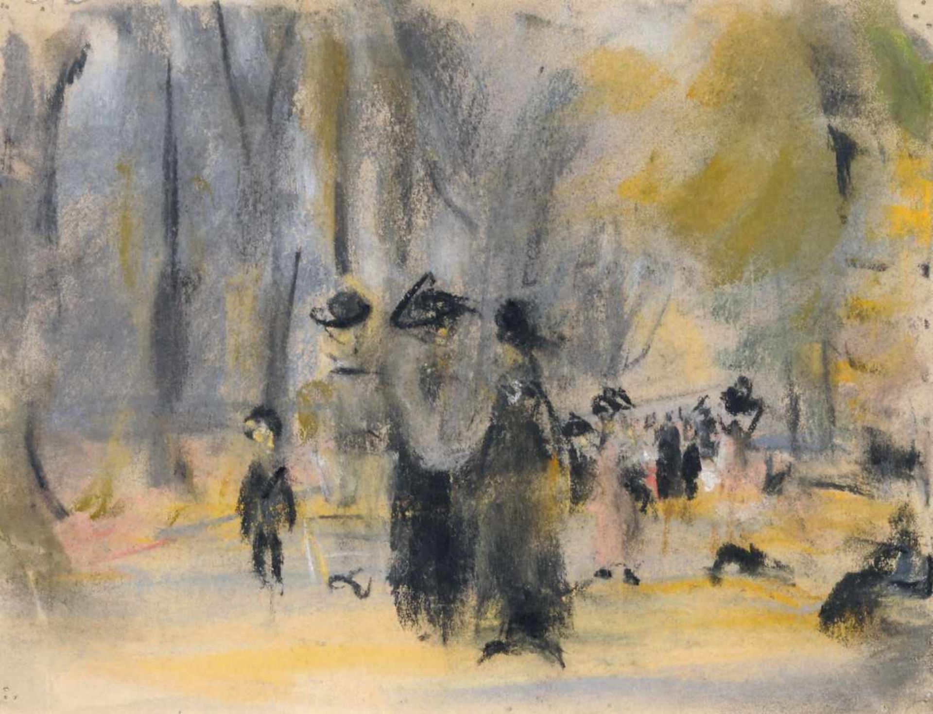Paul Wilhelm "Spaziergänger im Park". Um 1909/1912. Farbige Pastellkreidezeichnung auf kräftigem,