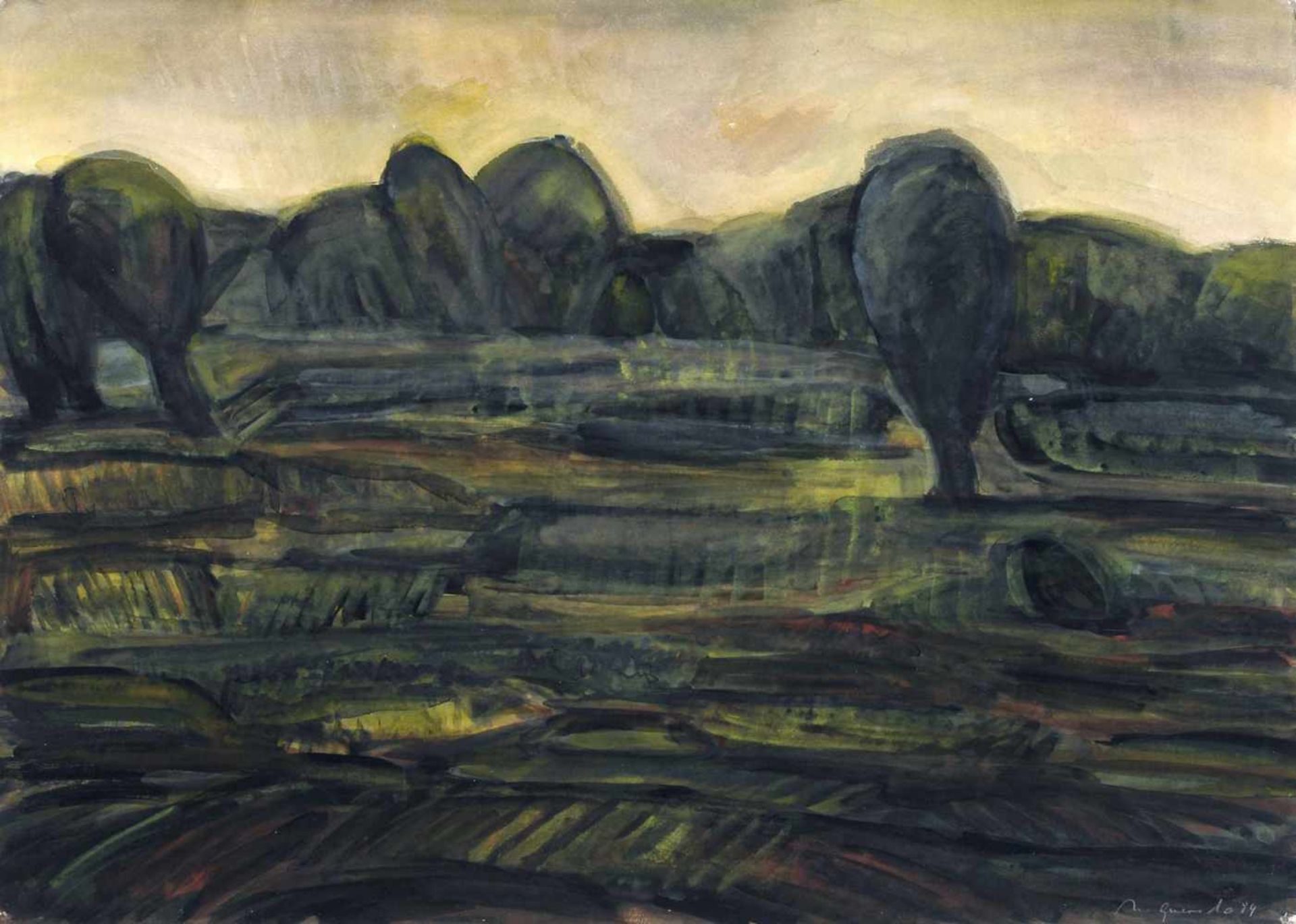 Nuria Quevedo Teixidó "Mecklenburgische Landschaft". 1984. Aquarell auf festem Bütten. Signiert in