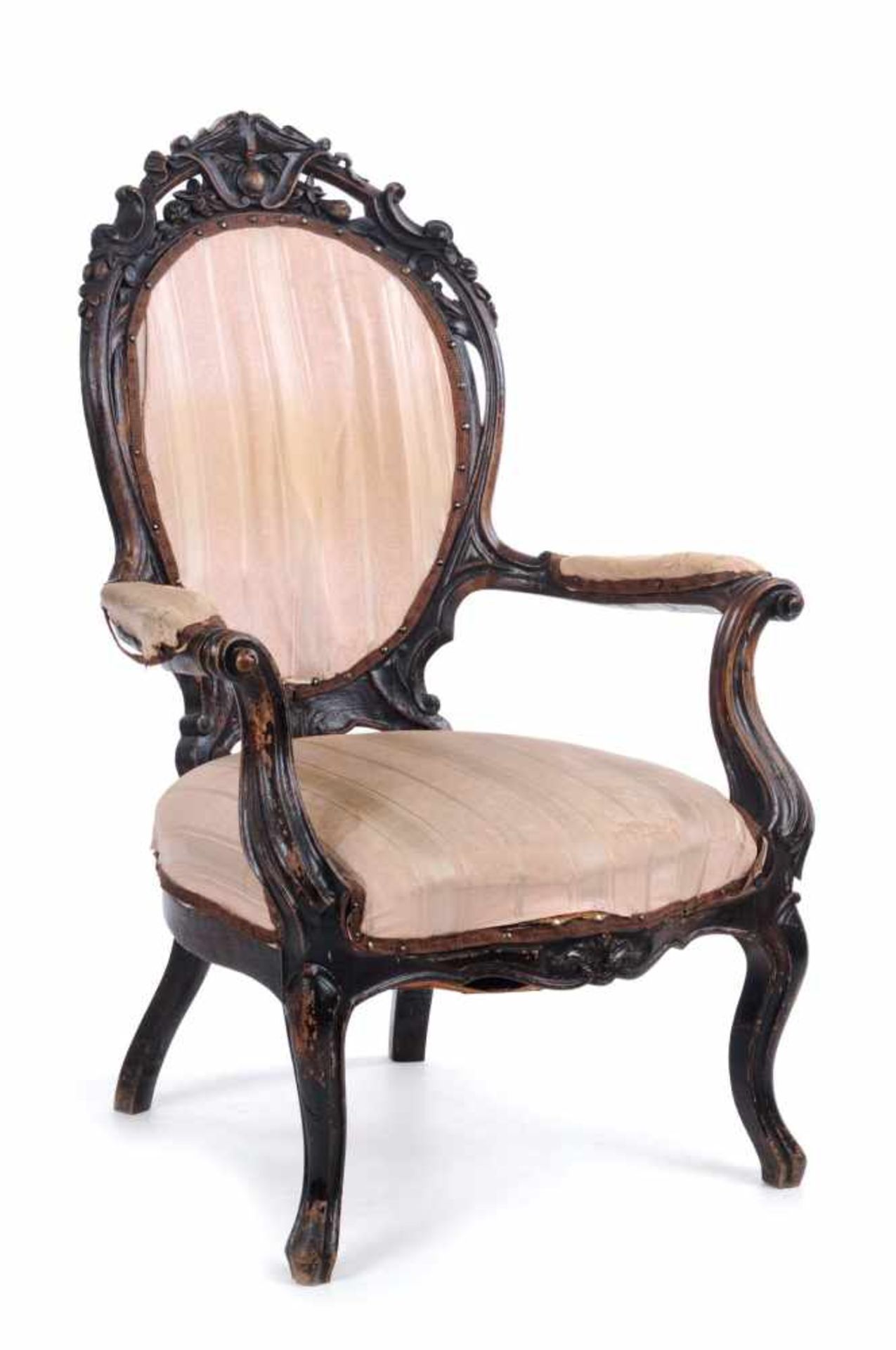 Fauteuil "Wiener Barock". Mitte 19. Jh. Laubholz, dunkelbraun lackiert. Profilierter Gestellrahmen