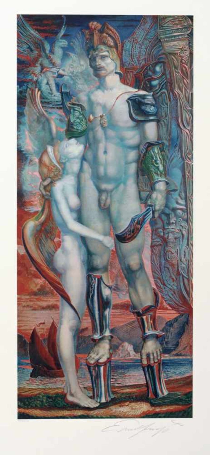 Ernst Fuchs "Perseus - Hommage à Diadalos". 1979. Farbserigrafie auf kräftigem Bütten, gedruckt in