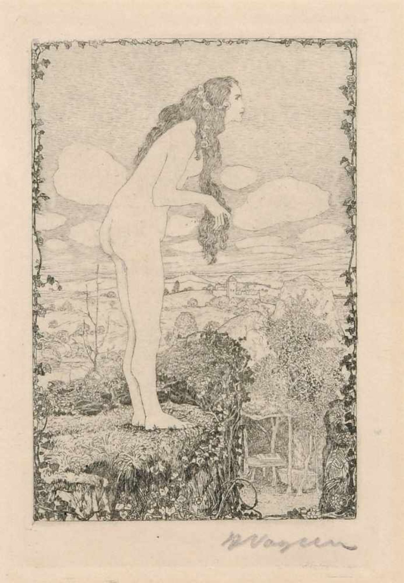 Heinrich Vogeler "Die Nymphe". 1907. Radierung auf kräftigem Japan. Unterhalb der Darstellung in