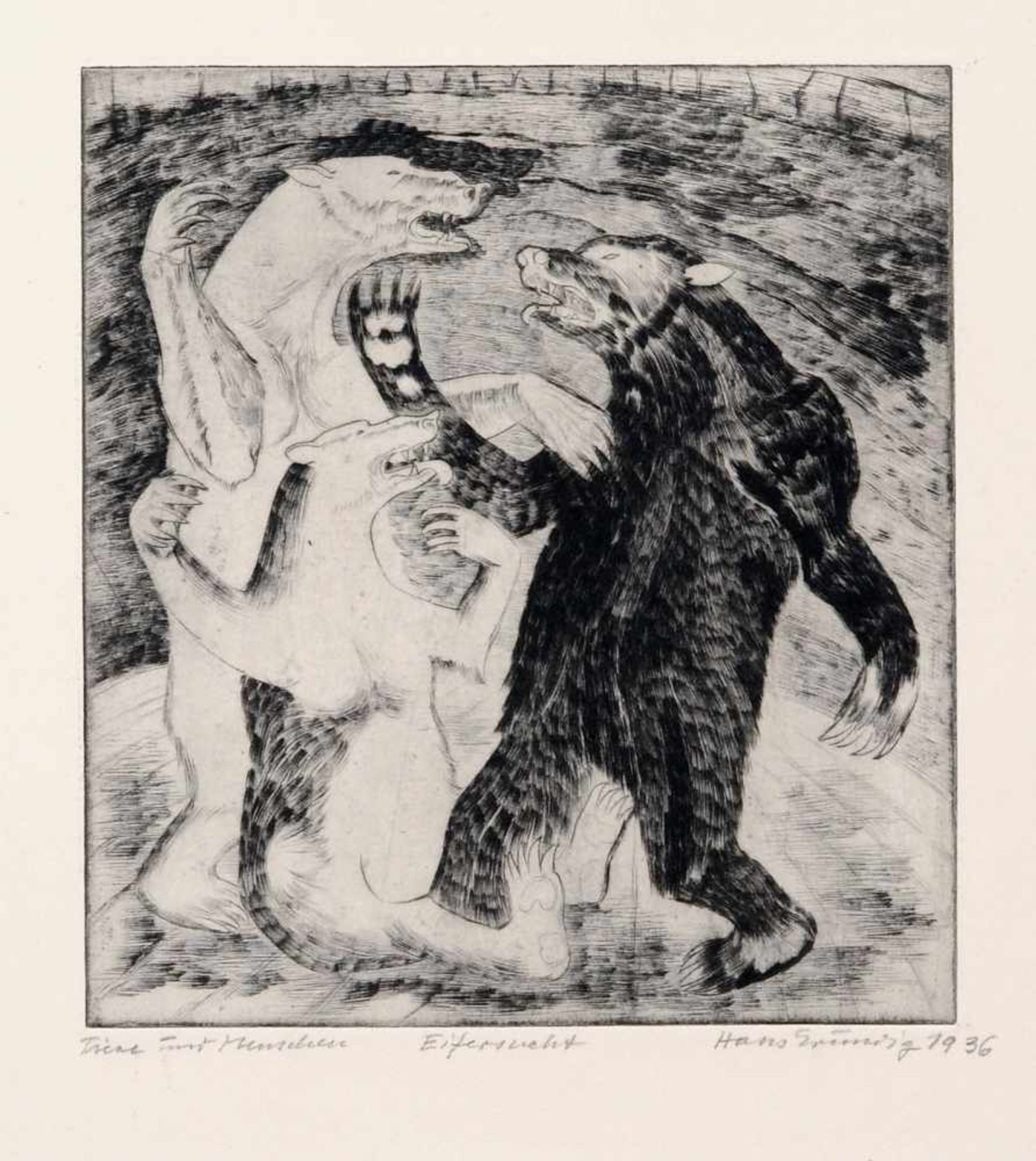 Hans Grundig "Eifersucht". 1936. Radierung mit Plattenton auf Torchon. Späterer Abzug. Unsigniert.