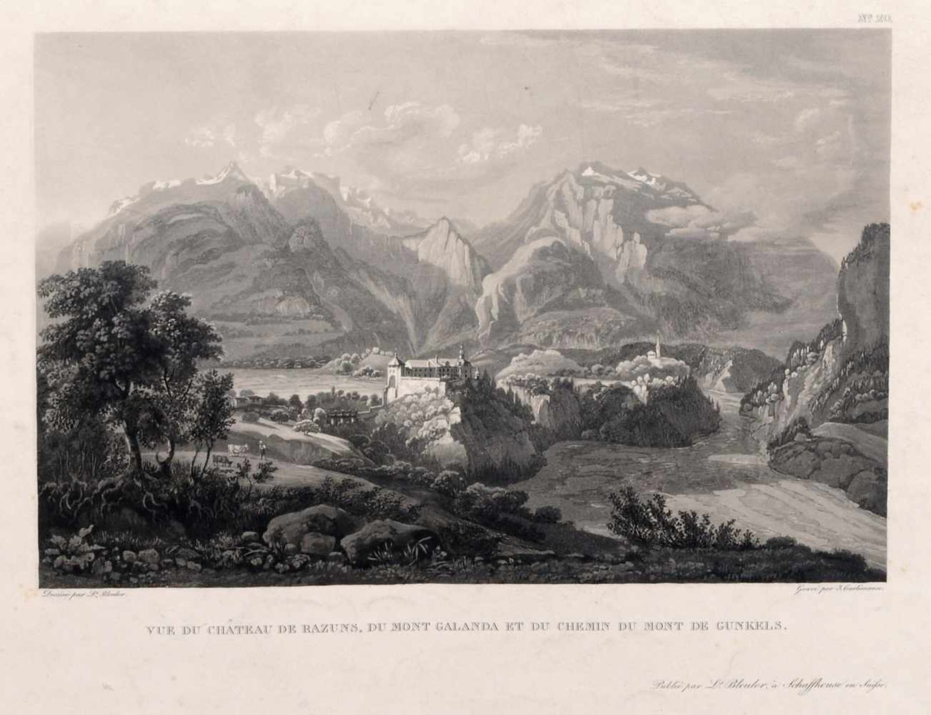 Johann Hürlimann "Vue du Château de Razuns, du Mont Galanda et du Chemin du Mont de Gunkels". Um