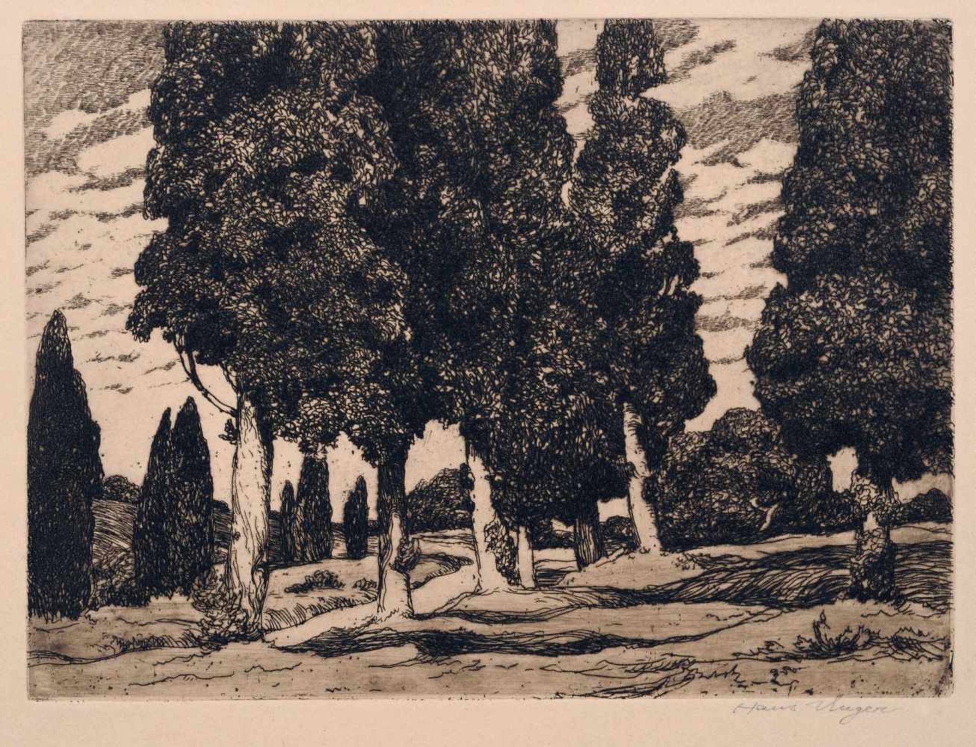 Hans Unger "Südliche Landschaft mit Zypressen und Pappeln". 1895. Radierung auf bräunlichem
