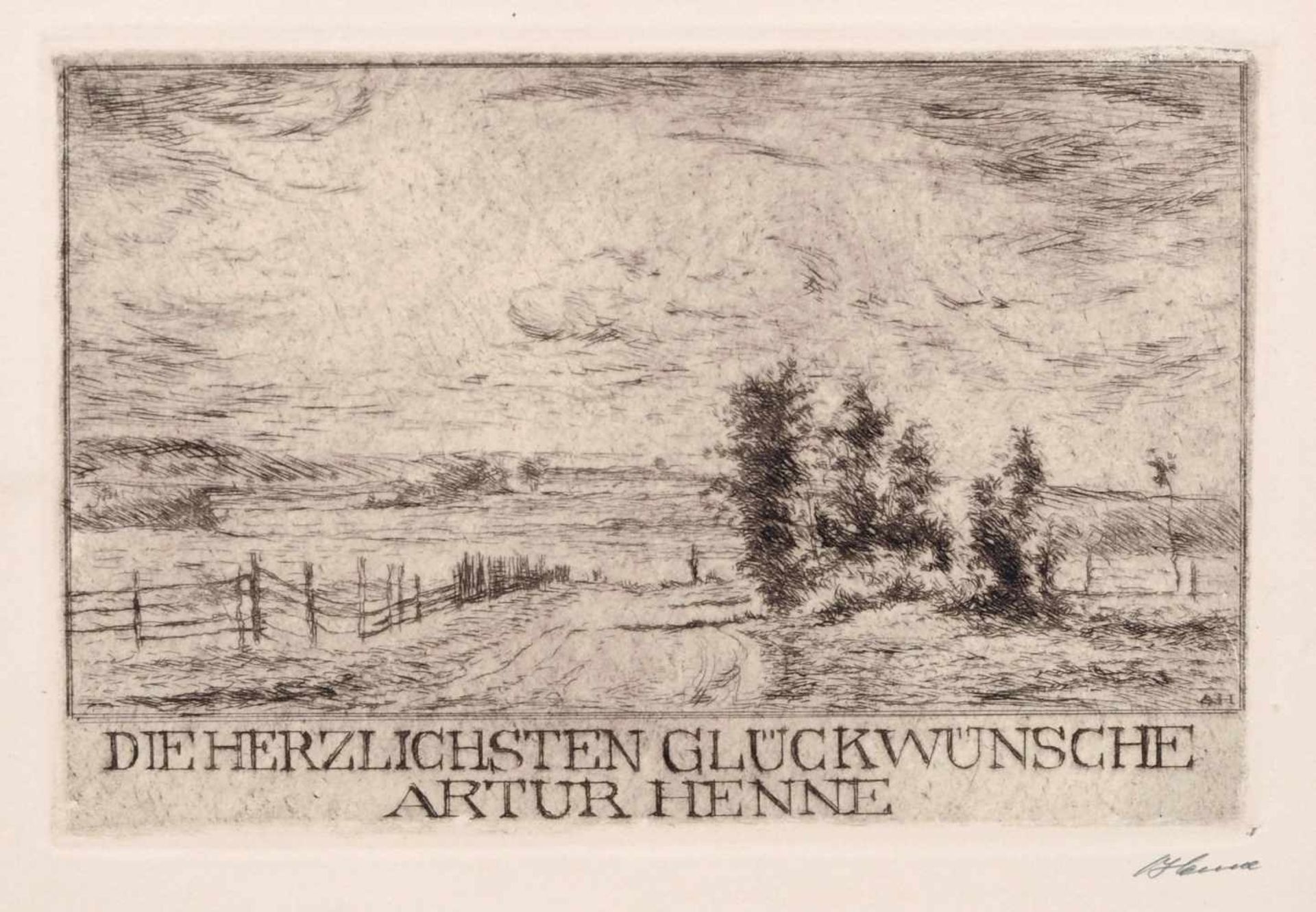Artur Henne "Die alte Brücke" / Drei Landschaftsdarstellungen / Zwei Autographen. 1920er Jahre.
