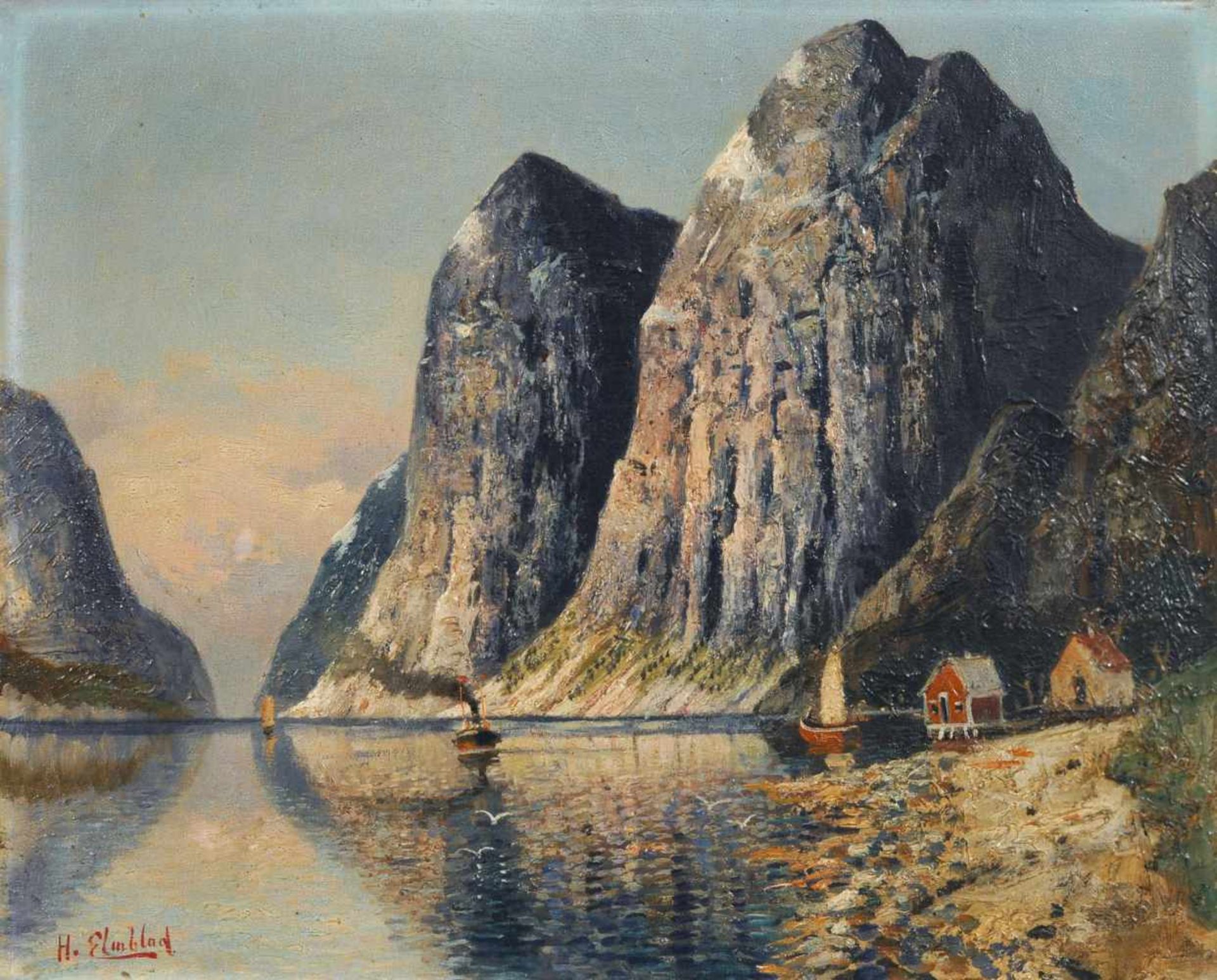 H. F. Elmblad "Hardanger Fjord". Wohl um 1900. Öl auf Leinwand. Signiert "H. Elmblad" u.li. Verso