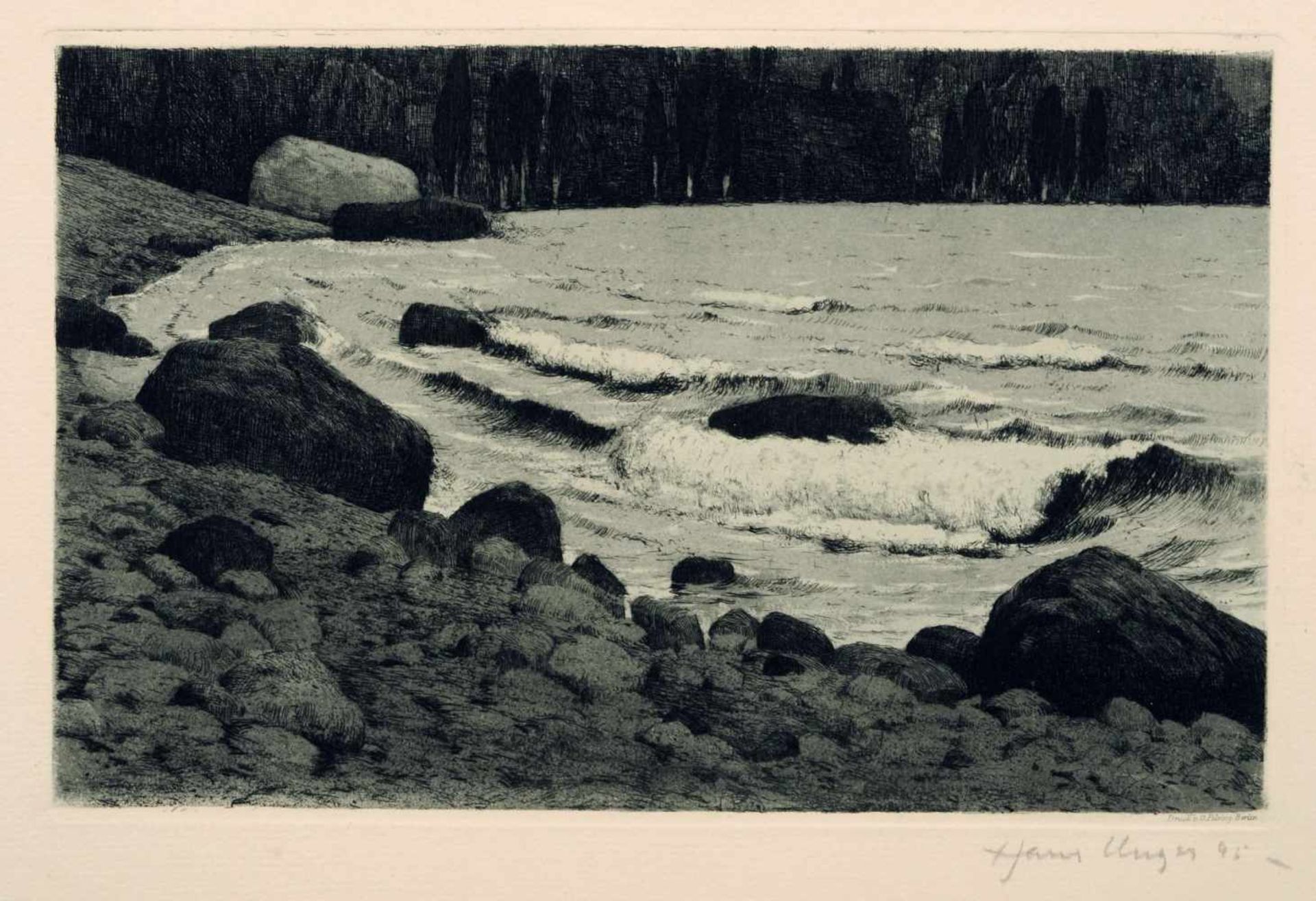 Hans Unger "Landschaft (Am Ufer des Gardasees)". 1895. Farbradierung auf kräftigem, strukturierten