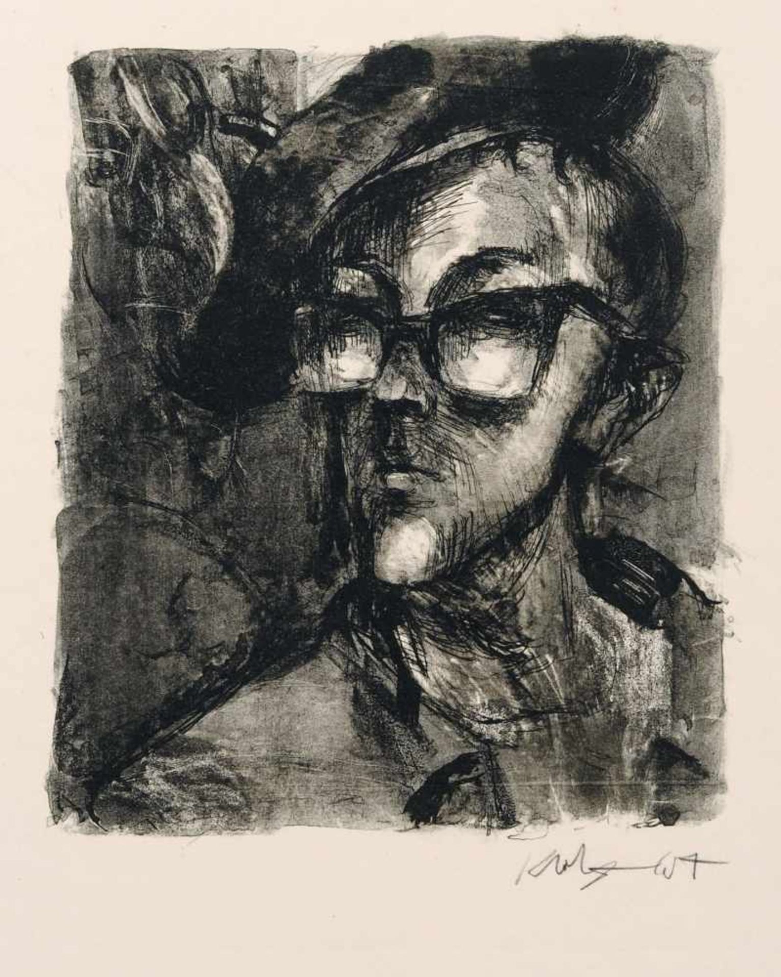 Siegfried Klotz, Selbstbildnis mit Kappe. 1967. Lithografie auf Velin. In Grafit unterhalb der