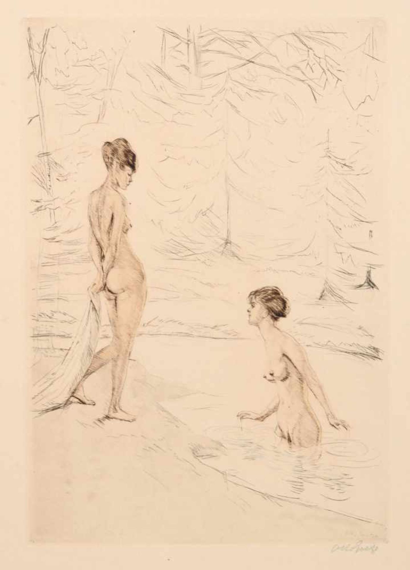 Otto Goetze, Zwei badende Mädchen am Waldsee. Wohl 1920er bis 1930er Jahre. Radierung auf feinem,