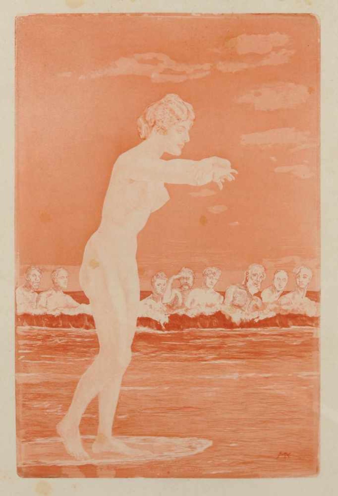 Max Klinger "Die Schaumgeborene" (Venus Anadyomene). 1915. Radierung und Aquatinta in Rot auf Japan.