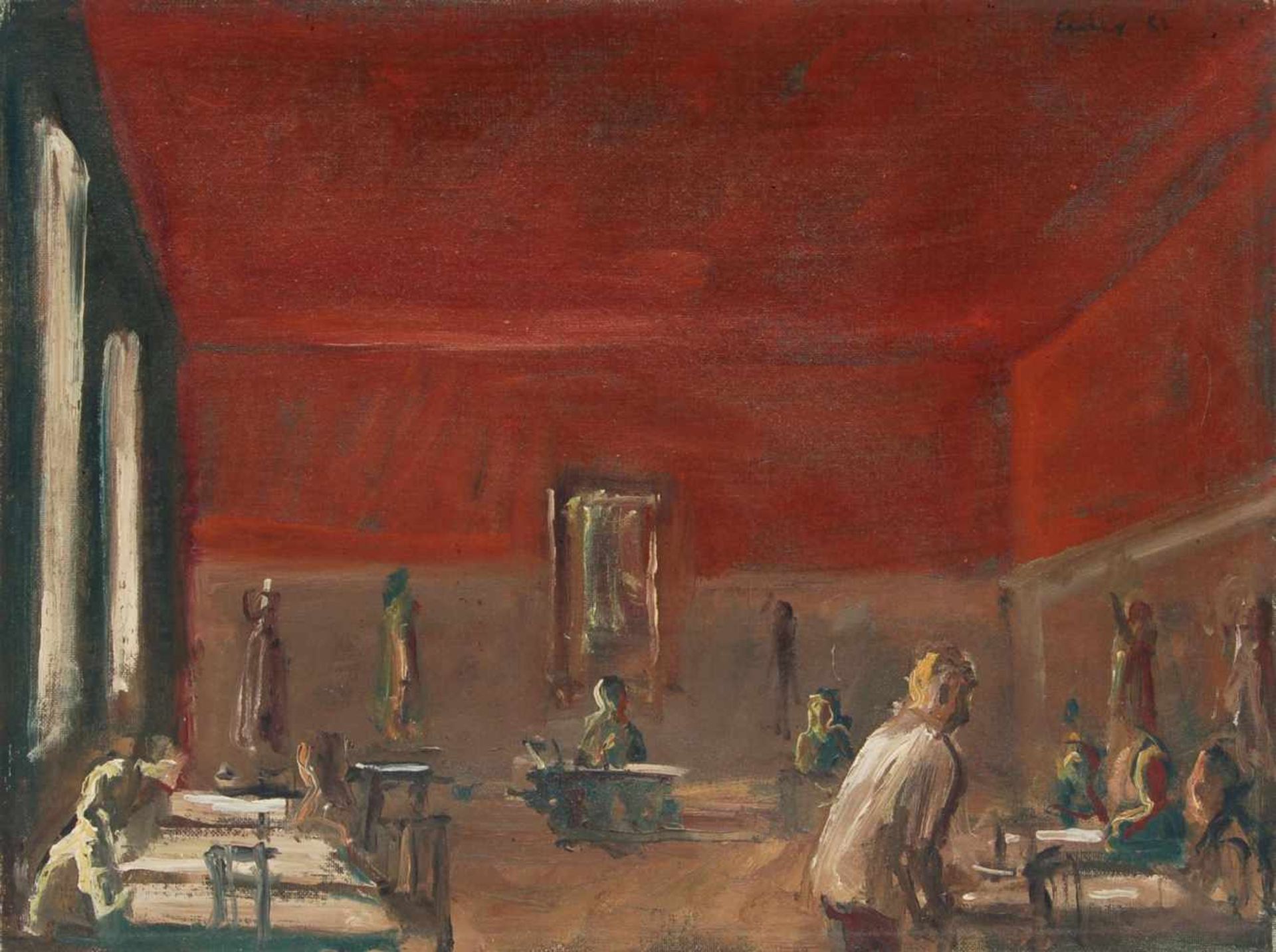 Georg Eisler "Rotes Gasthaus". 1981. Öl auf Leinwand, auf Pappe kaschiert. Signiert o.re. "Eisler"