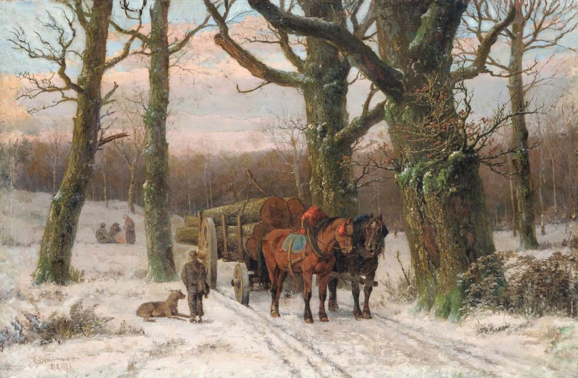 Caesar Bimmermann, Abendliche Winterlandschaft mit Holzfuhrwerk. 1879. Öl auf Leinwand. Signiert "C.