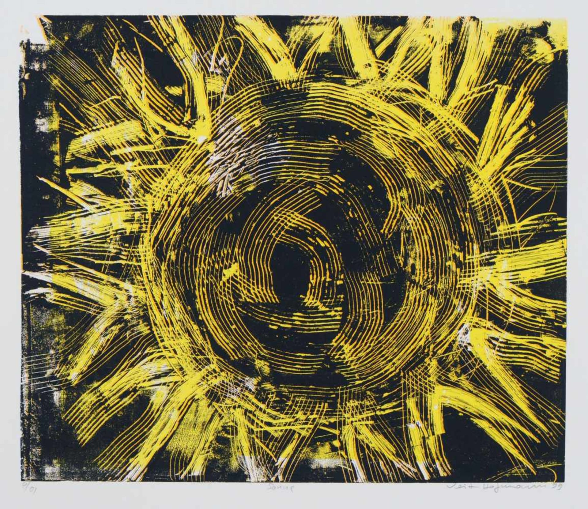 Veit Hofmann "Sonne". 1999. Farbmonotypie auf festem Karton. In Blei unterhalb der Darstellung re.