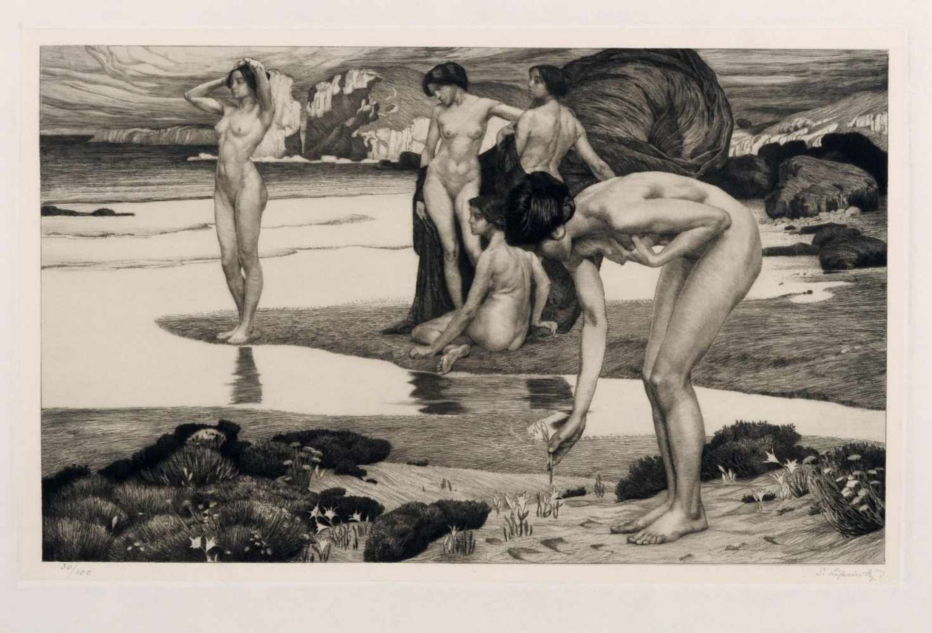 Sigmund Lipinsky "Meeresstille" (Fünf weibliche Akte). 1911/1912. Radierung mit Plattenton auf