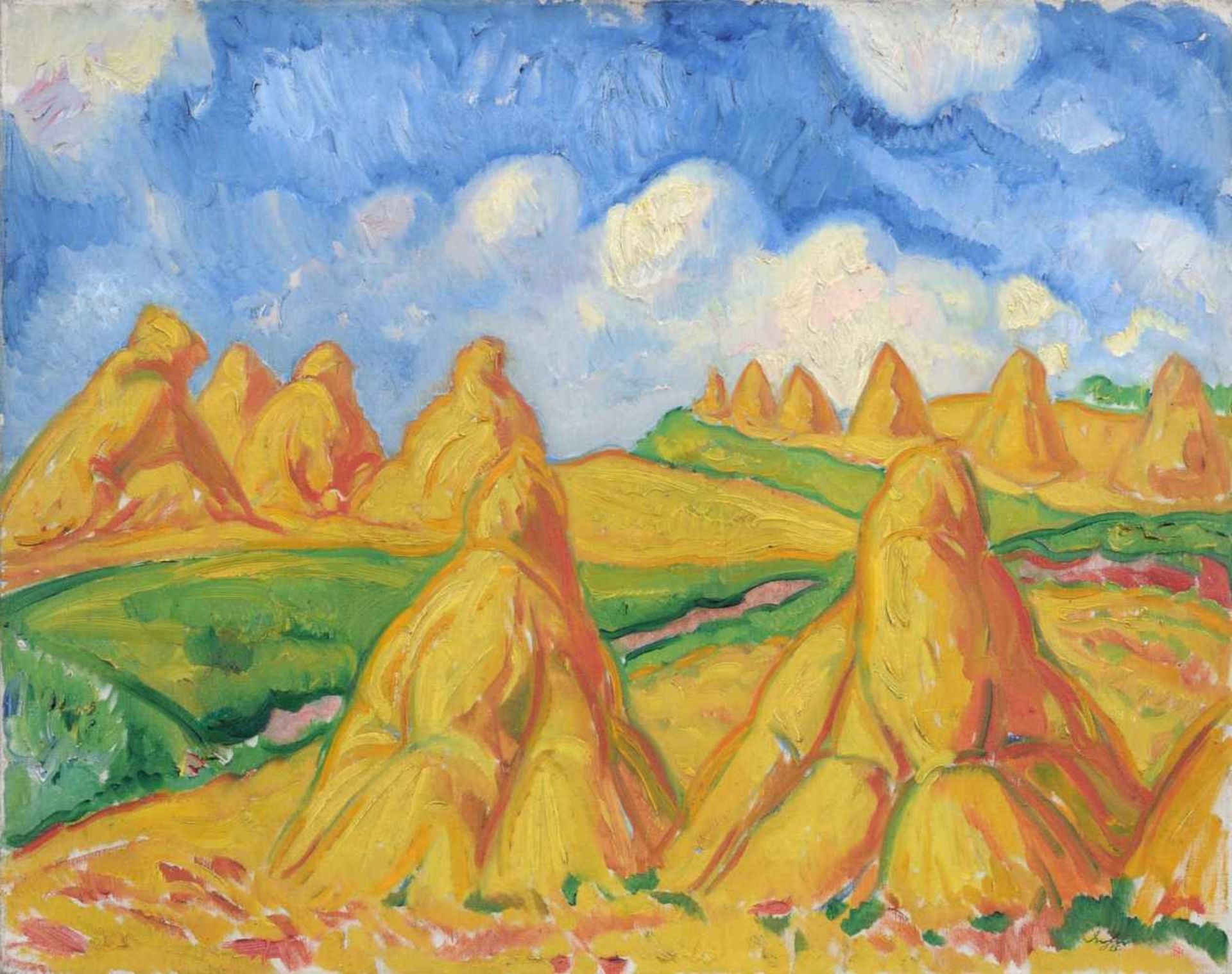 Richard Dreher, Landschaft mit Kornpuppen. 1915. Öl auf Leinwand. Signiert "Dreher" und datiert u.