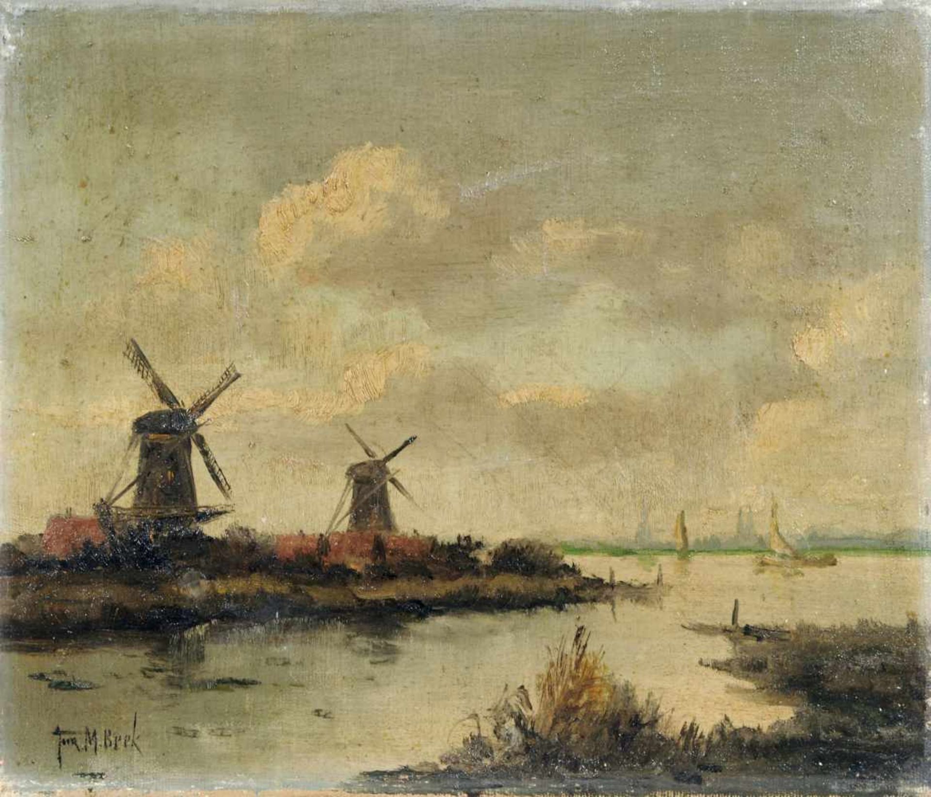 Jurrien Marinus Beek, Holländische Landschaft mit Windmühlen. Frühes 20. Jh. Öl auf Leinwand.