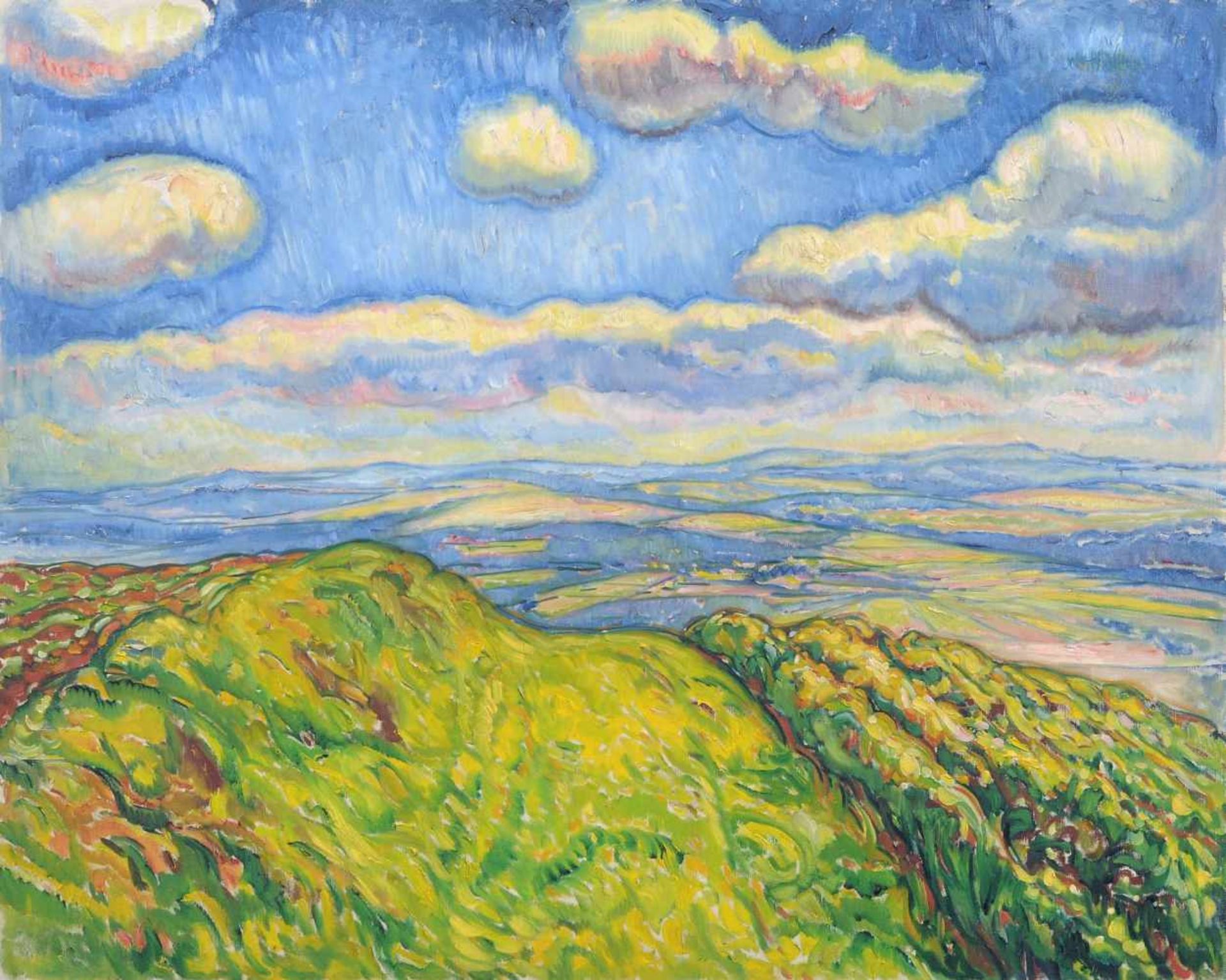 Richard Dreher, Landschaft mit Blick über Rockau. 1912. Öl auf Leinwand. Unsigniert. Verso ein