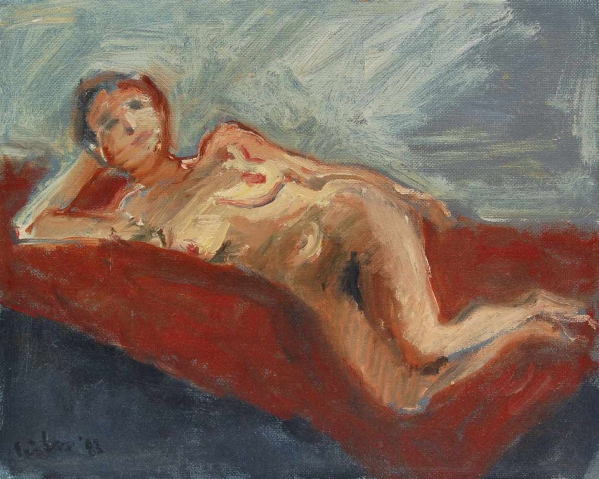 Georg Eisler, Liegender Akt auf rotem Sofa. 1983. Öl auf Leinwand. Signiert "Eisler" und datiert u.