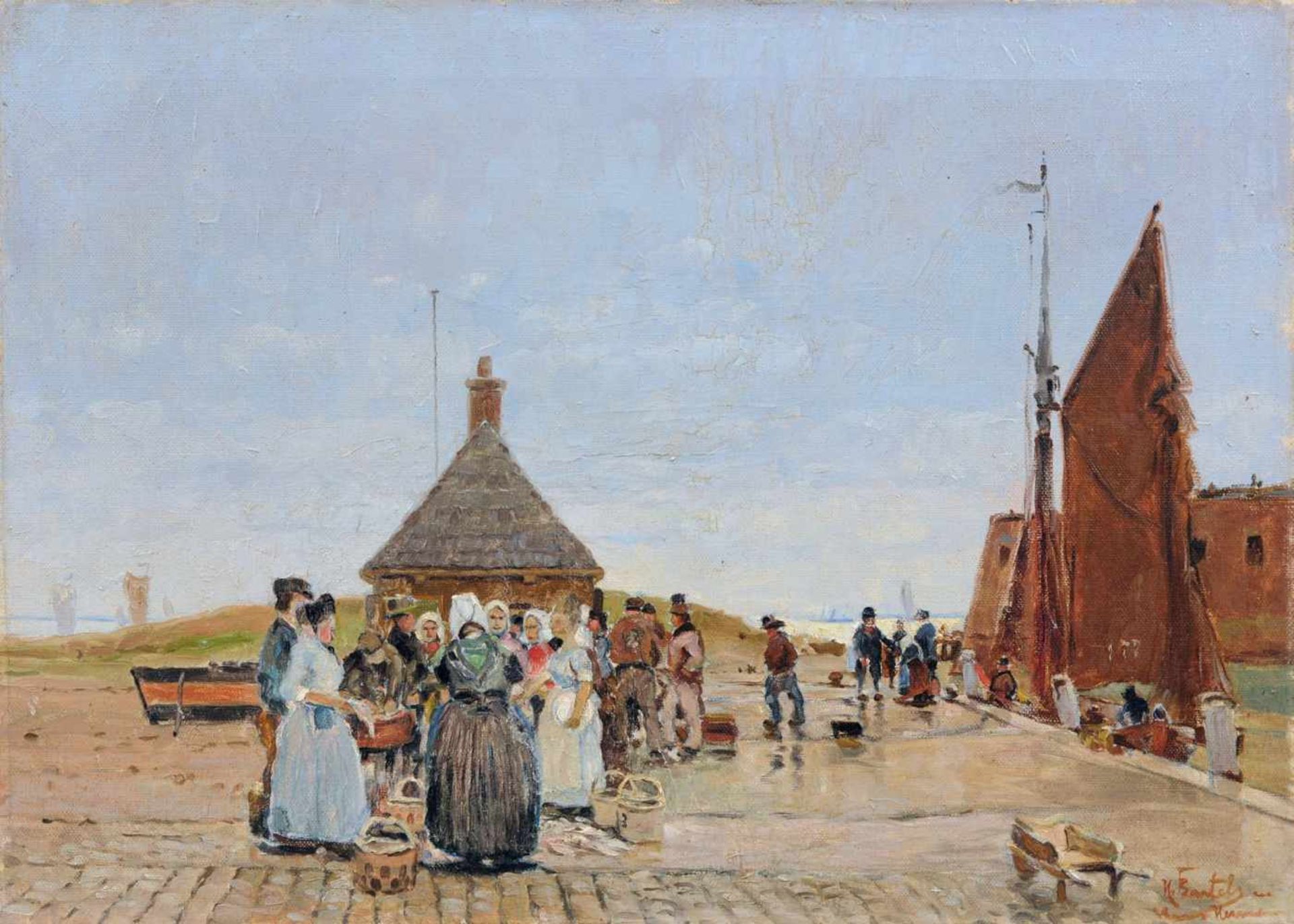 Hans von Bartels, Fischmarkt am Hafen. Um 1900. Öl auf Leinwand. Signiert "H. Bartelsen" und