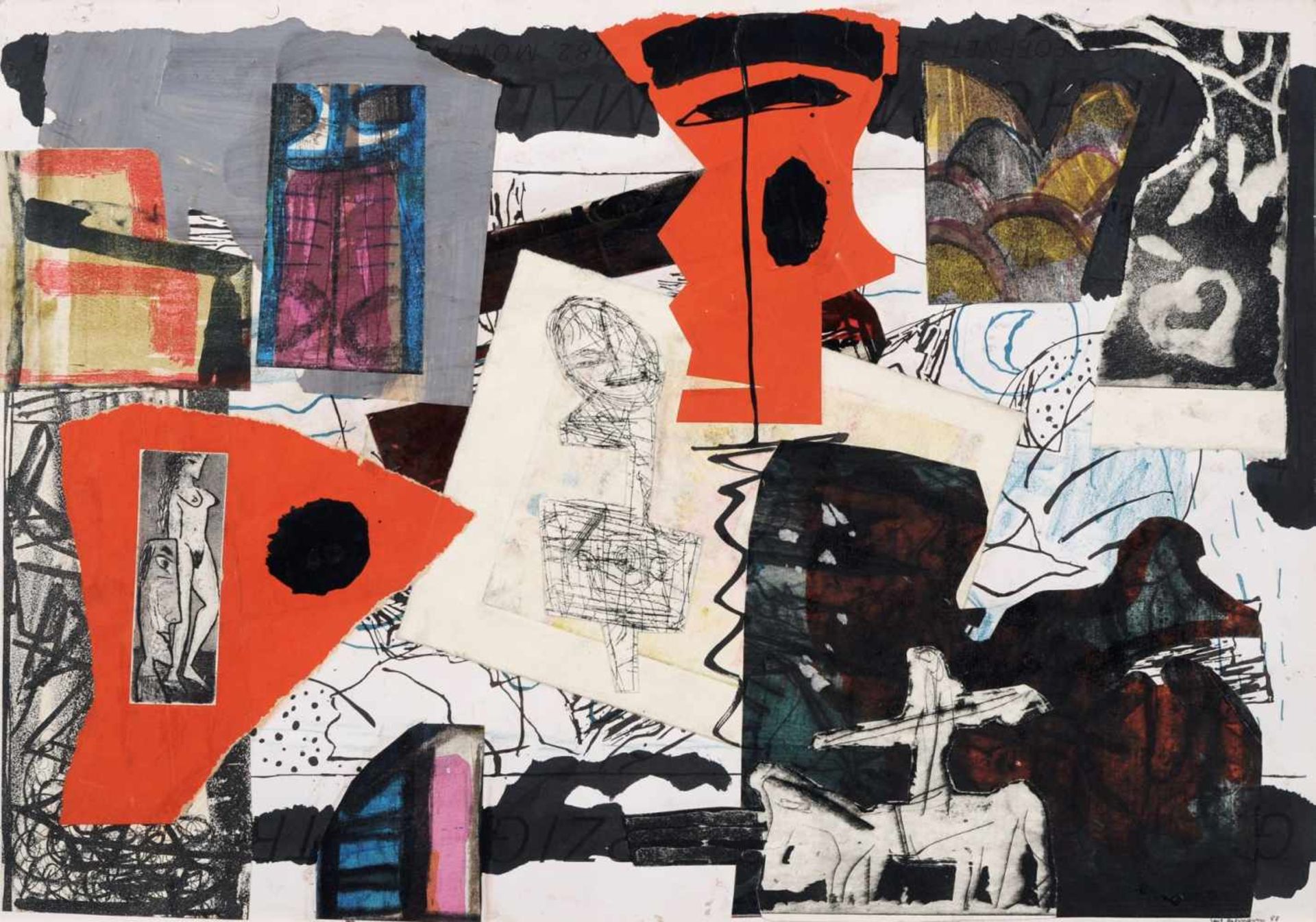 Veit Hofmann "Komposition mit Reiter". 1988. Collage mit Tempera und Tusche über Radierung und