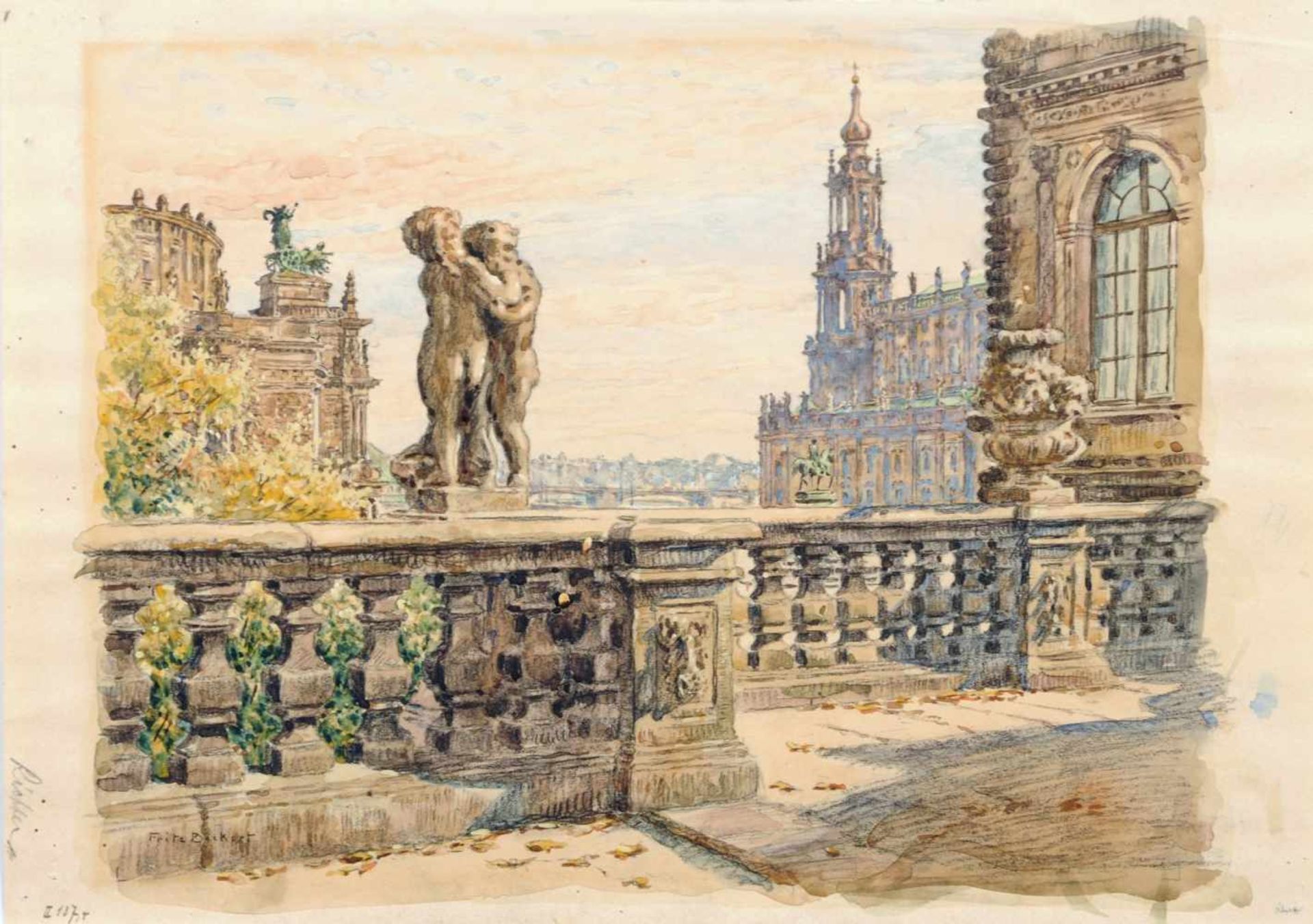 Fritz Beckert, Dresden - Blick von der Zwinger-Balustrade auf Semperoper und Hofkirche. 1. H. 20.