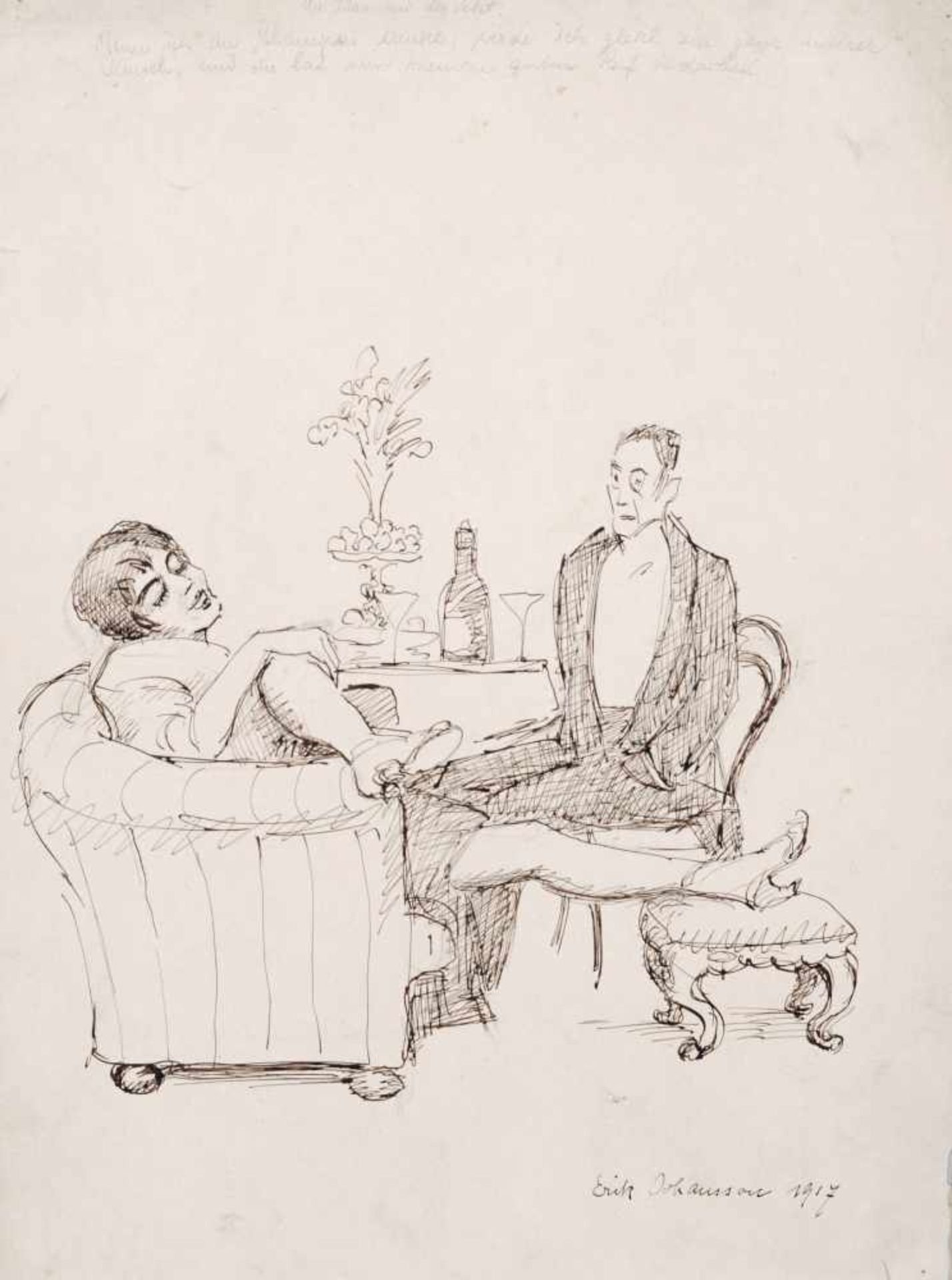 Eric Johansson "Die Frau und der Sekt" (Karikatur). 1917. Federzeichnung in Sepia über Blei auf