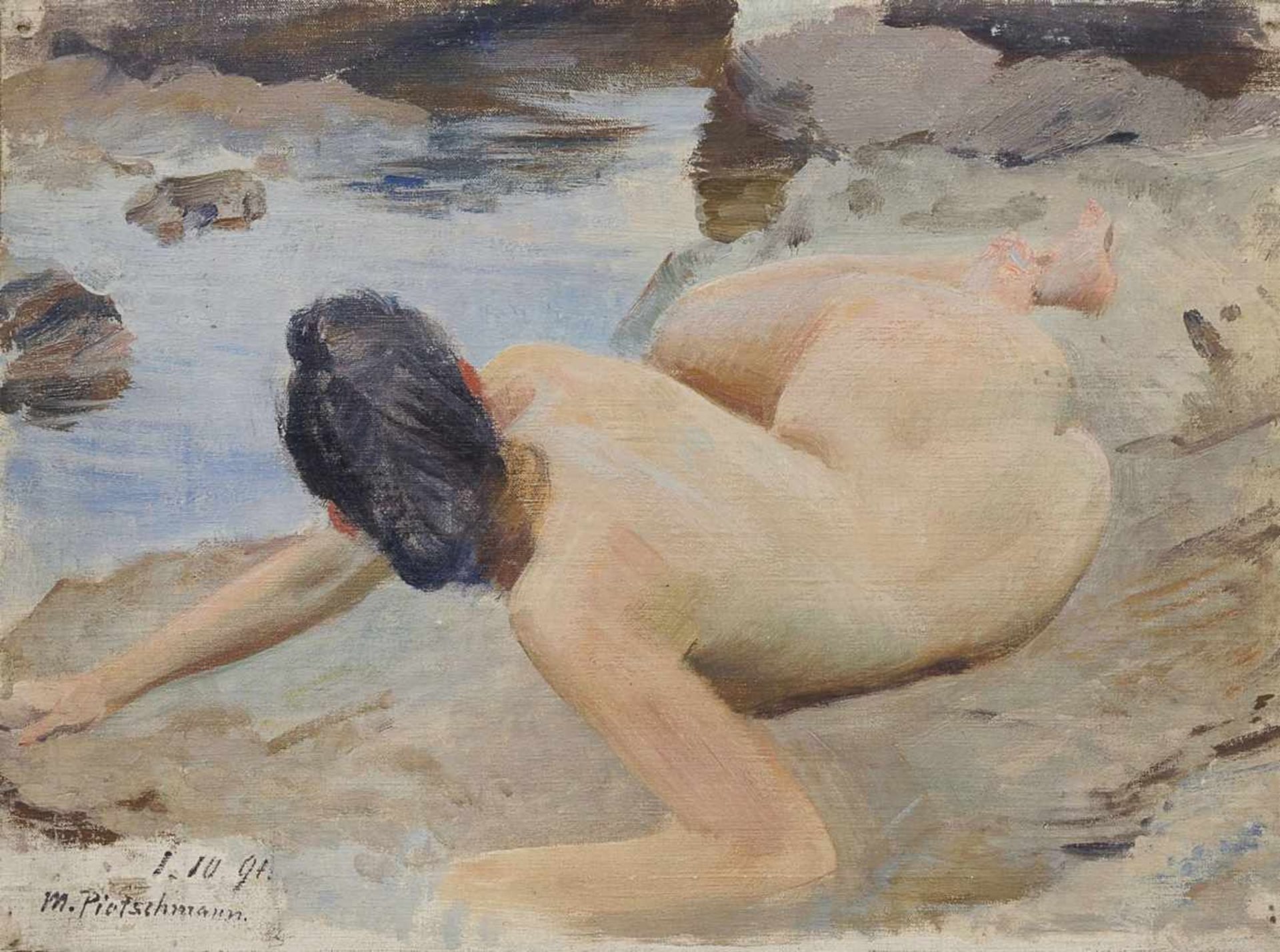 Max Pietschmann, Liegender weiblicher Akt am felsigem Ufer. 1891. Öl auf vorgrundierter Leinwand,