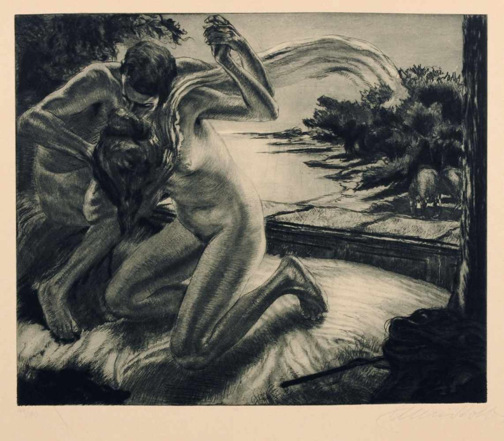 Alois Kolb "Mitternacht". 1920er/1930er Jahre. Radierung mit Aquatinta in Grünschwarz auf