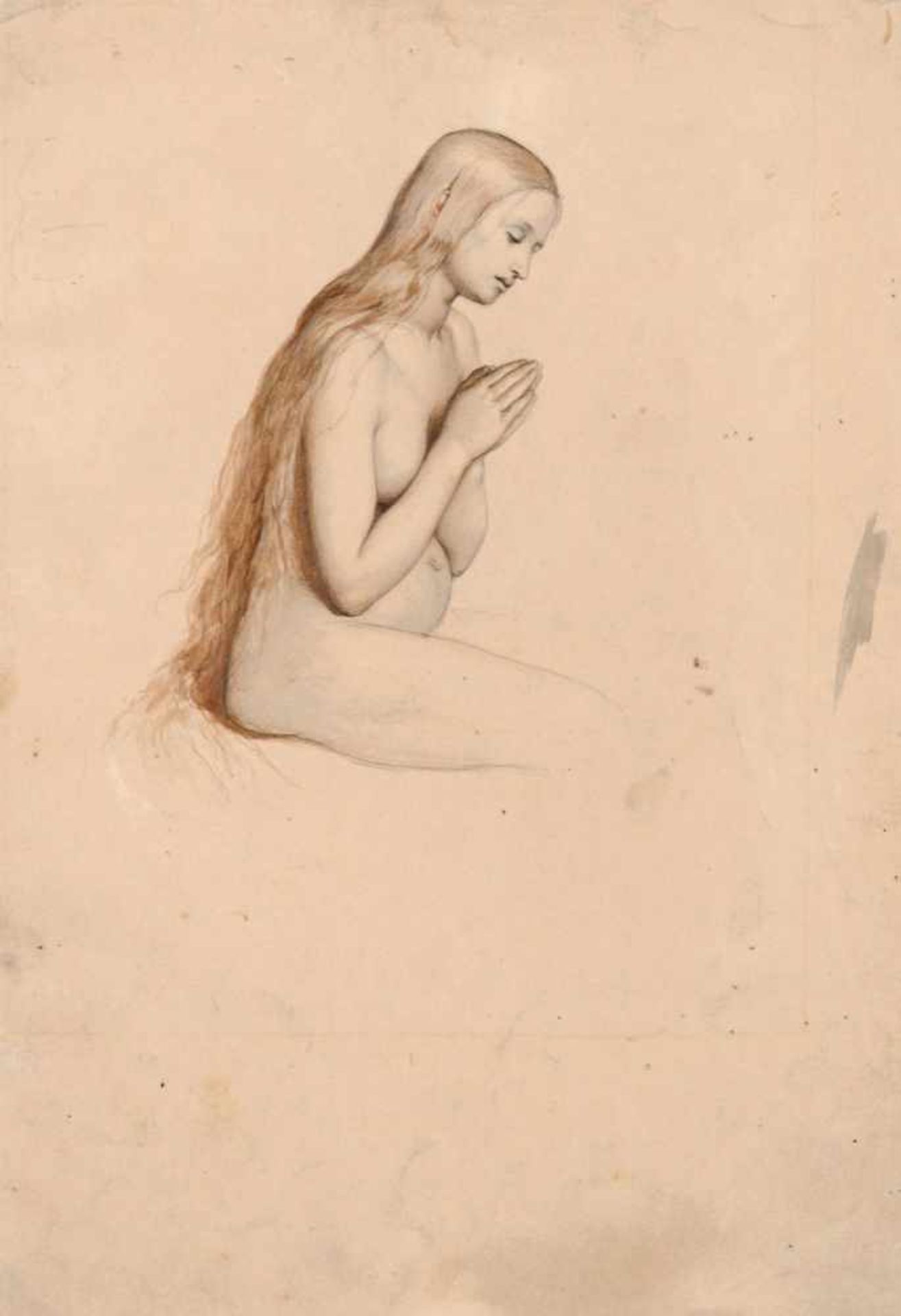 Fanz Albert Venus (zugeschr.), Schwangere Frau, betend. 1860er Jahre. Bleistiftzeichnung, koloriert,