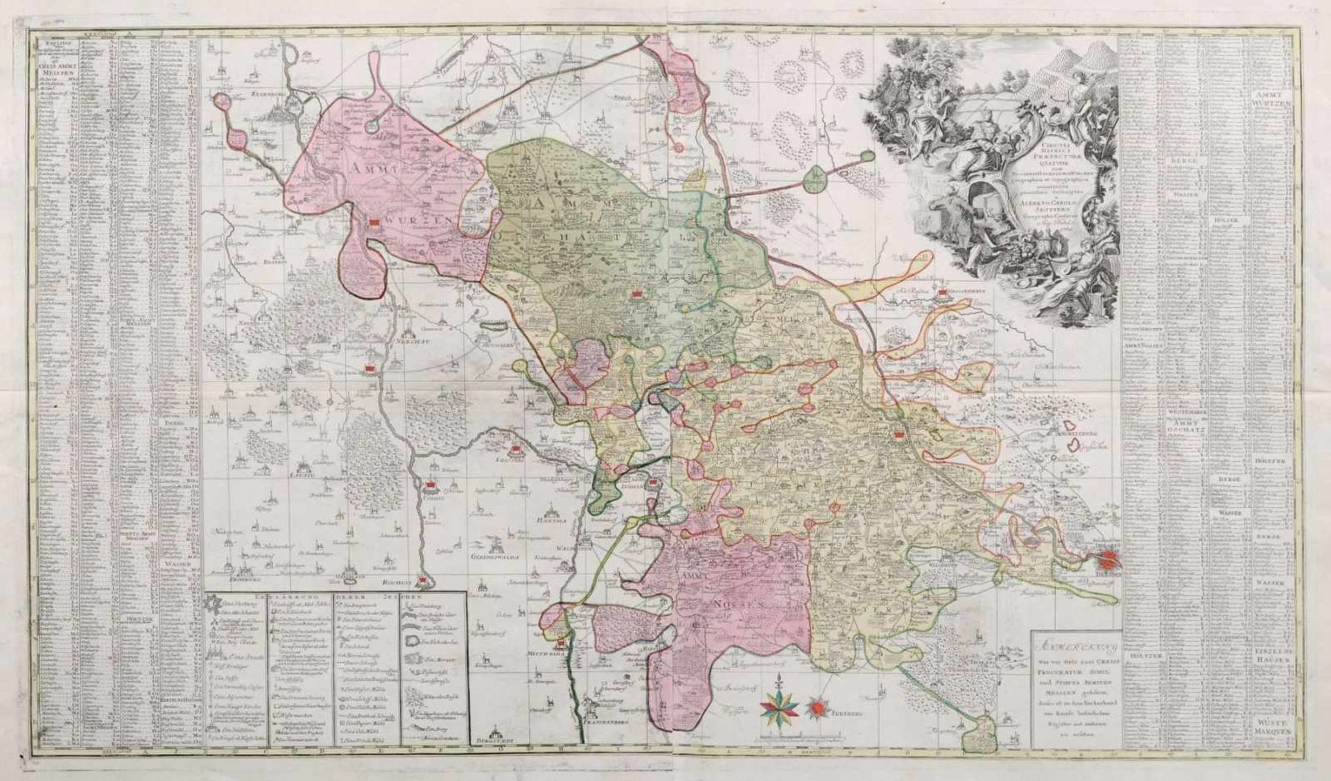 Albrecht Carl Seutter "Circuli Misnici Praefecturae Quatuor". 1760. Kolorierter Kupferstich auf