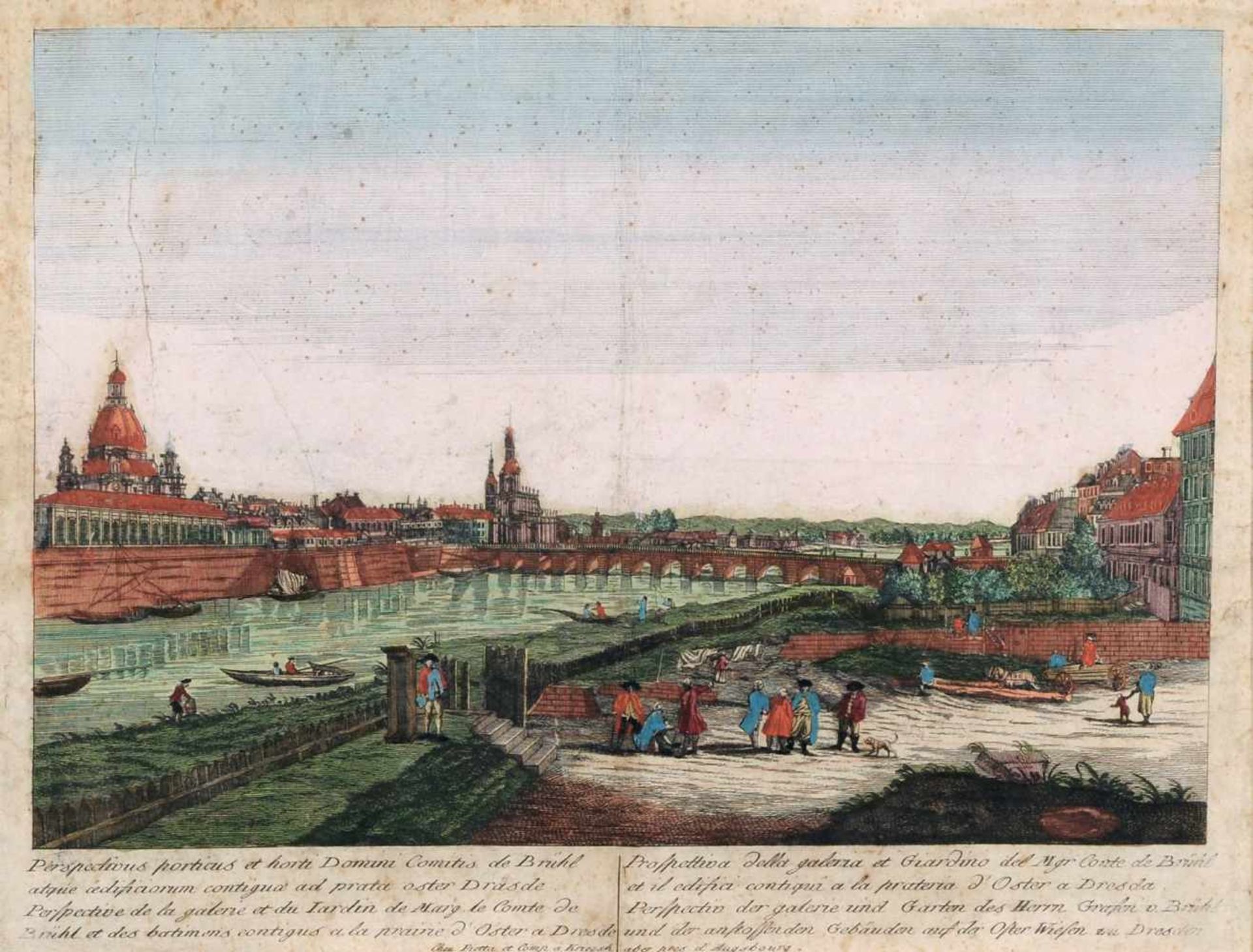 Domenicus Fietta, Ansicht von Dresden vom Neustädter Ufer aus. Spätes 18. Jh. Kupferstich, koloriert