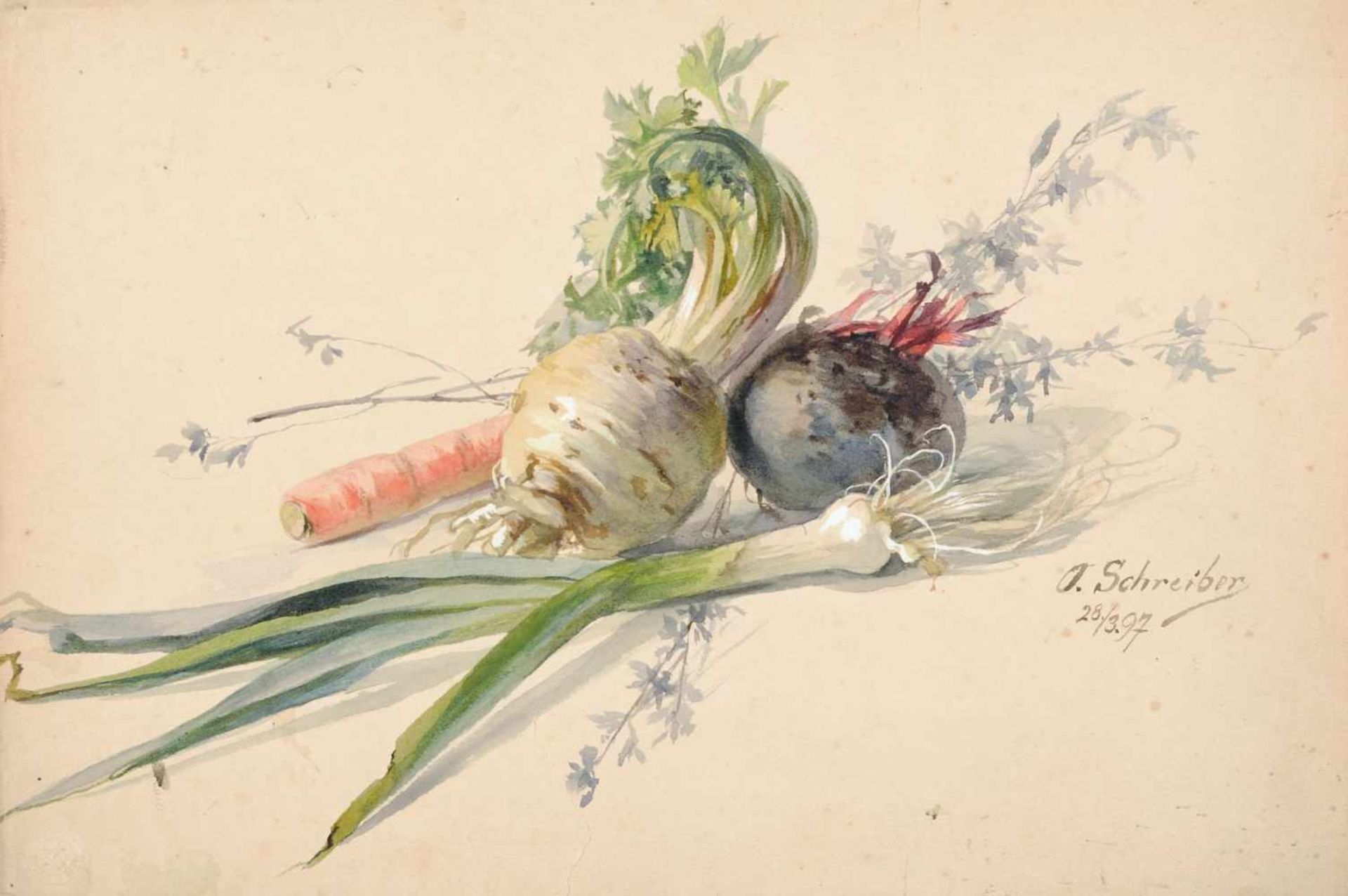 Oskar Schröder und andere Künstler, Zehn Obst- und Gemüsestilleben. 1892/1897. Gouachen auf festem - Bild 9 aus 10
