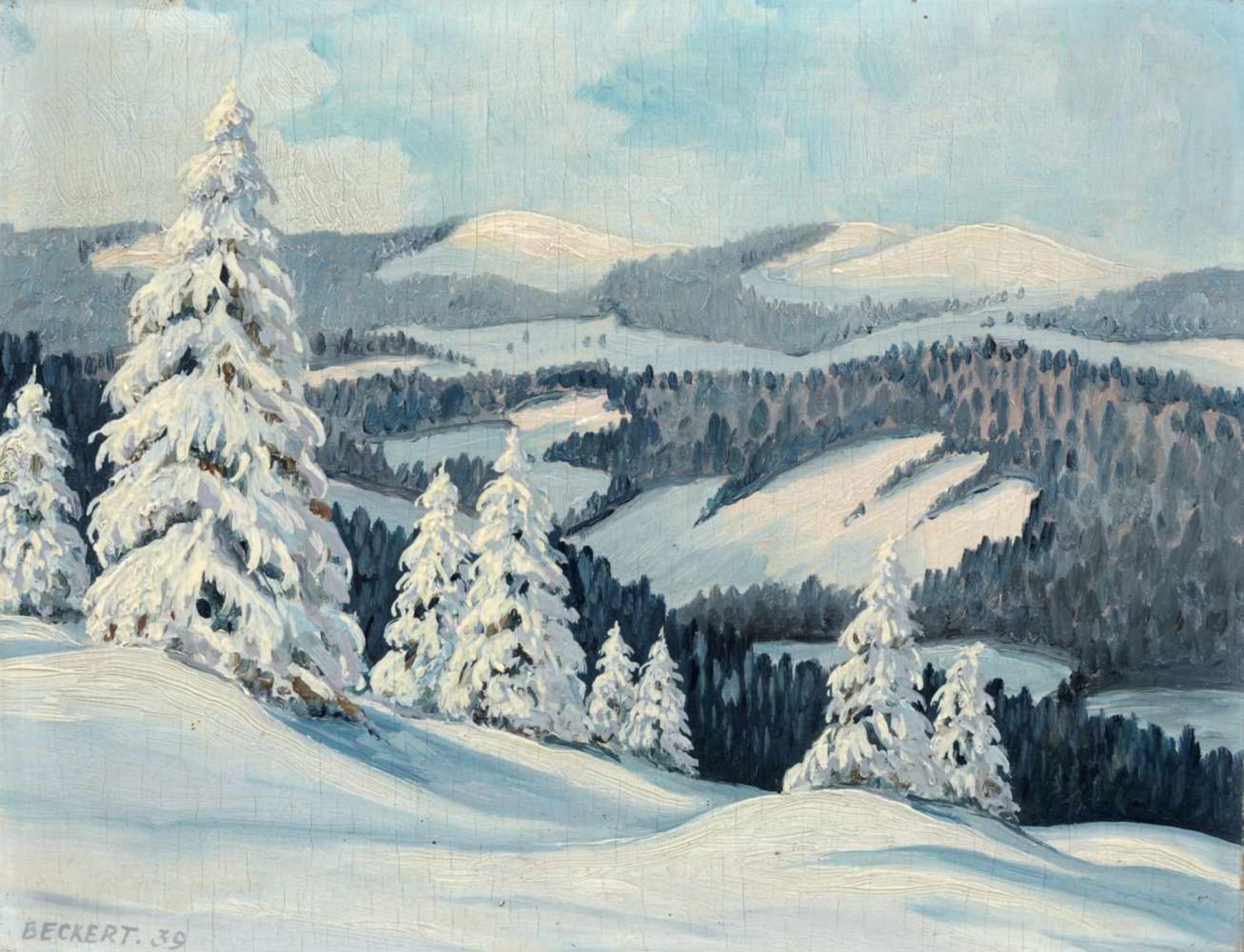 Beckert, Ein Wintertag im Osterzgebirge. 1939. Öl auf Sperrholz. Signiert "BECKERT." und datiert u.