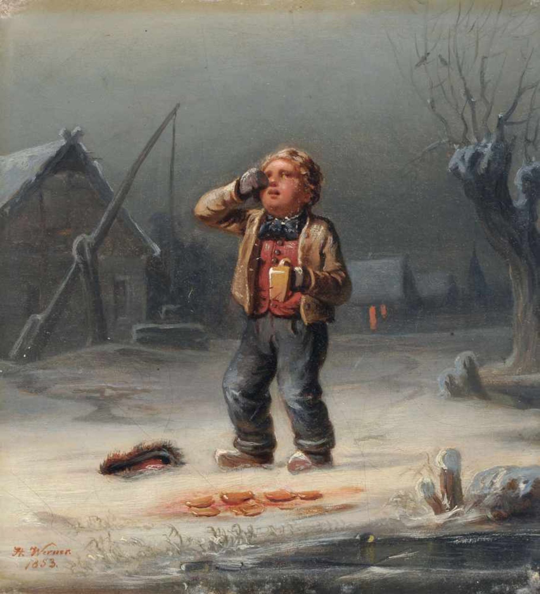 Hermann Werner "Der zerbrochene Krug". 1853. Öl auf Leinwand. Signiert u.li. "H. Werner" und