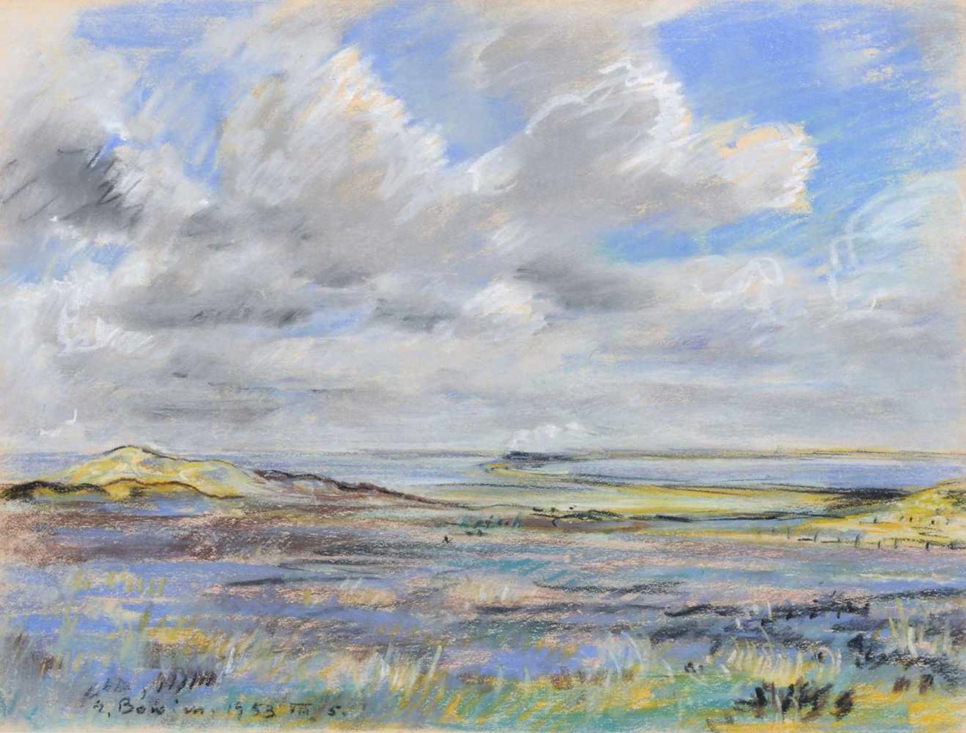 Erwin Johannes Bowien, Landschaft auf Sylt (Norden). 1953. Farbige Pastellkreidezeichnung auf festem