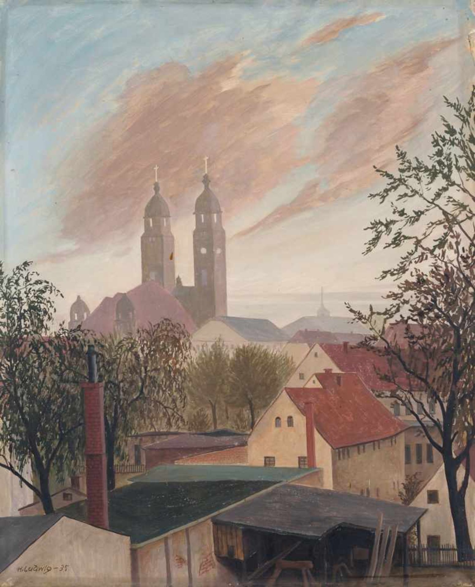 Herbert Ludwig, Blick über die Dächer von Dresden-Strehlen auf die Christuskirche. 1935. Öl auf