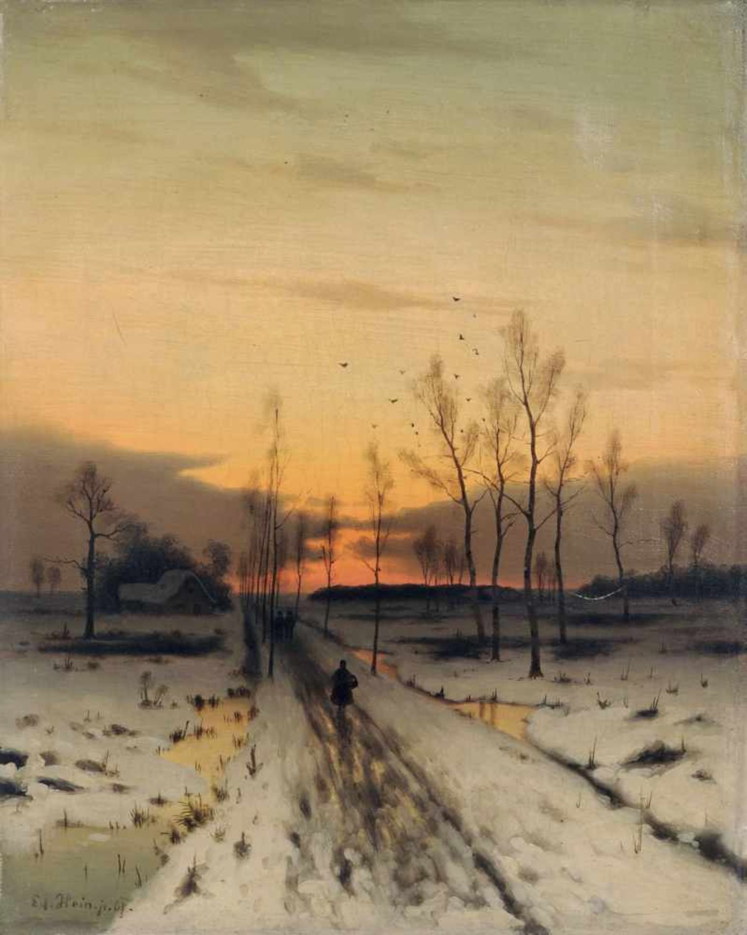 Eduard Hein, Spaziergänger in einer abendlichen Winterlandschaft. Spätes 19. Jh. Öl auf Leinwand.