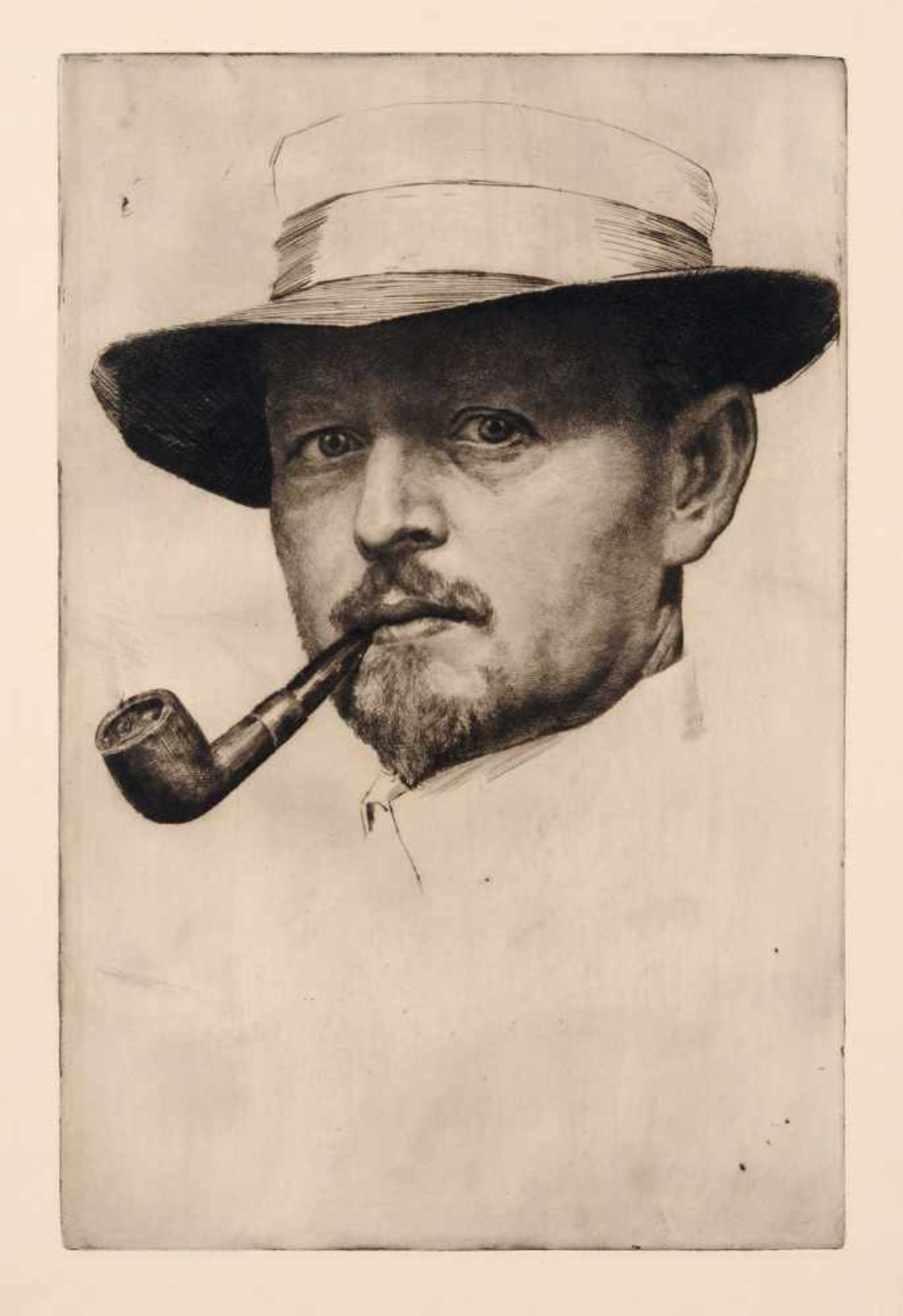 Georg Jahn "Selbstbildnis mit Hut". 1912. Kaltnadelradierung mit Plattenton auf festem Papier.