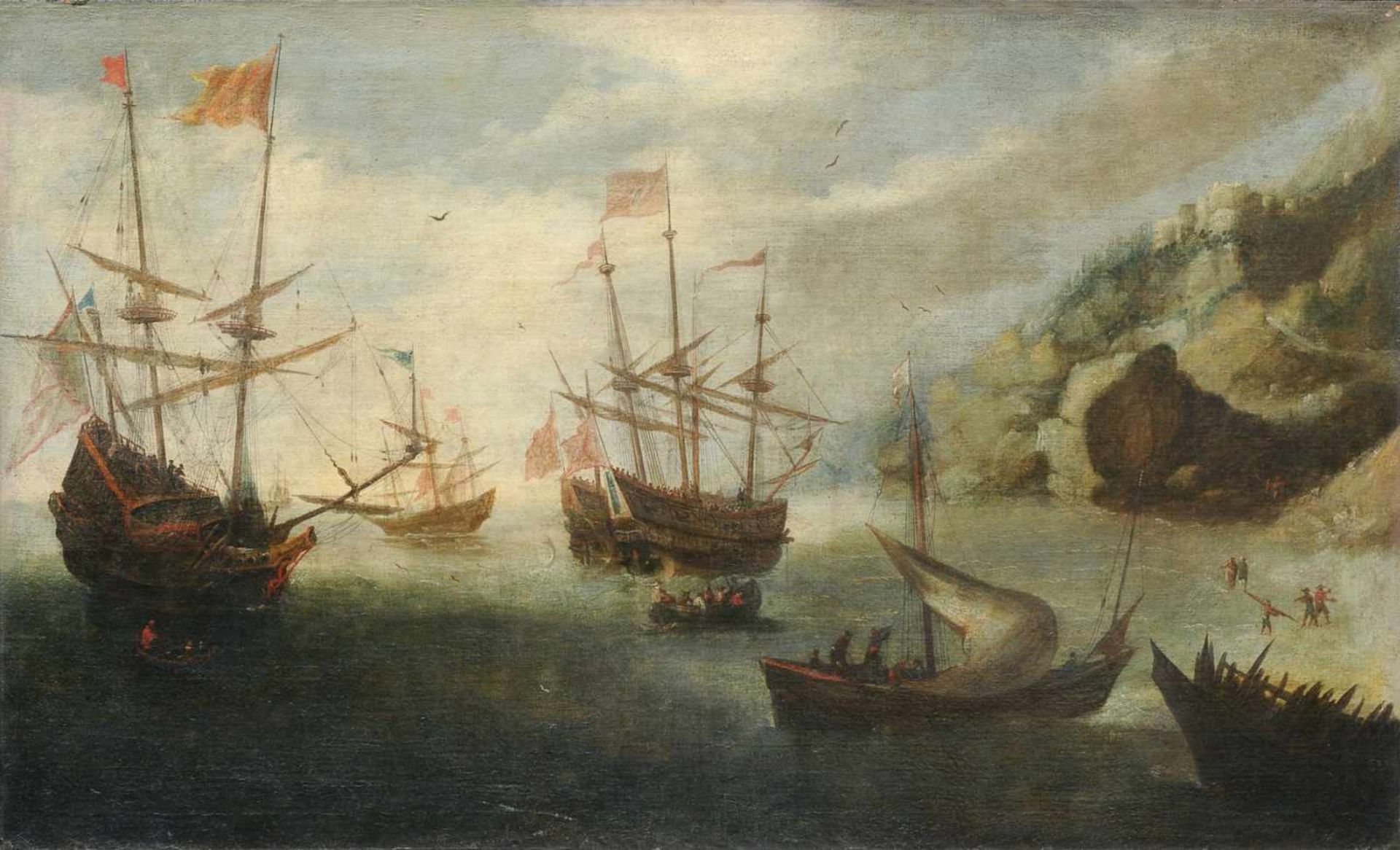 Andries van Eertvelt (zugeschr.), Mediterrane Küstenlandschaft mit Segelschiffen. 17. Jh. Öl auf