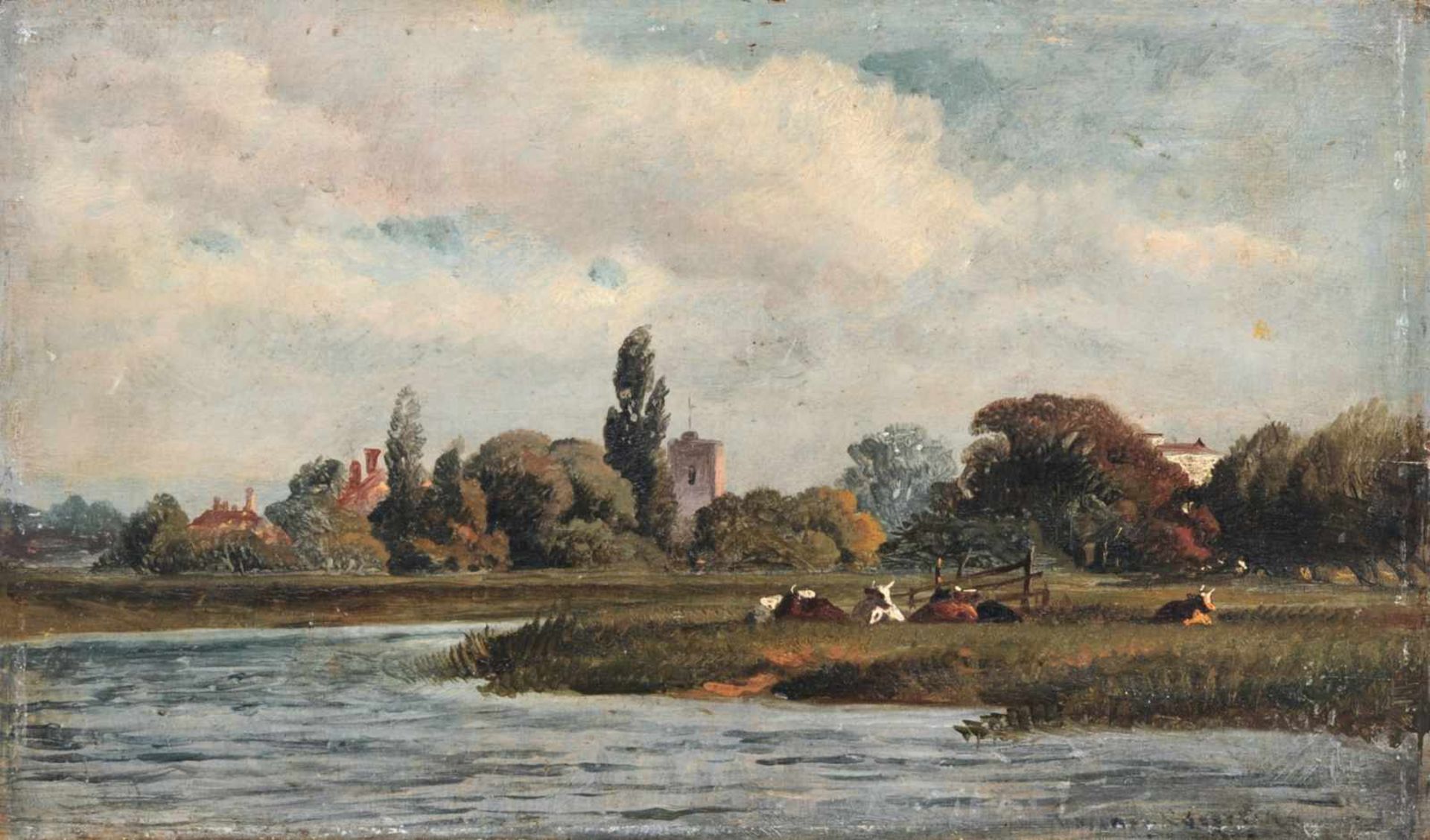 Thomas Sidney Cooper, Studie einer Landschaft mit weidenden Kühen. 2. H. 19. Jh. Öl auf Holz.