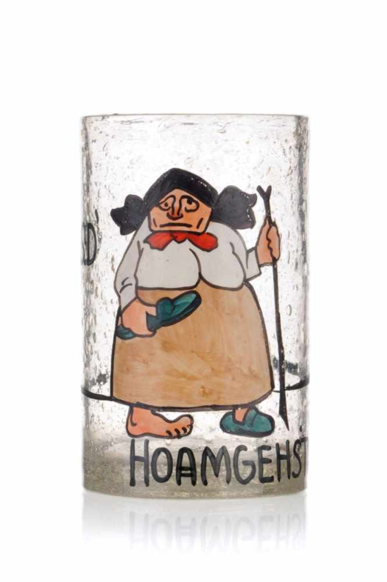 Becherglas "OBSD' HOAMGEHST!!". Ludwig Hohlwein für Theresienthaler Krystallglasfabrik. Um 1905.