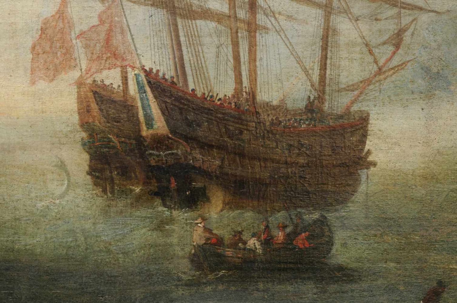 Andries van Eertvelt (zugeschr.), Mediterrane Küstenlandschaft mit Segelschiffen. 17. Jh. Öl auf - Bild 2 aus 7