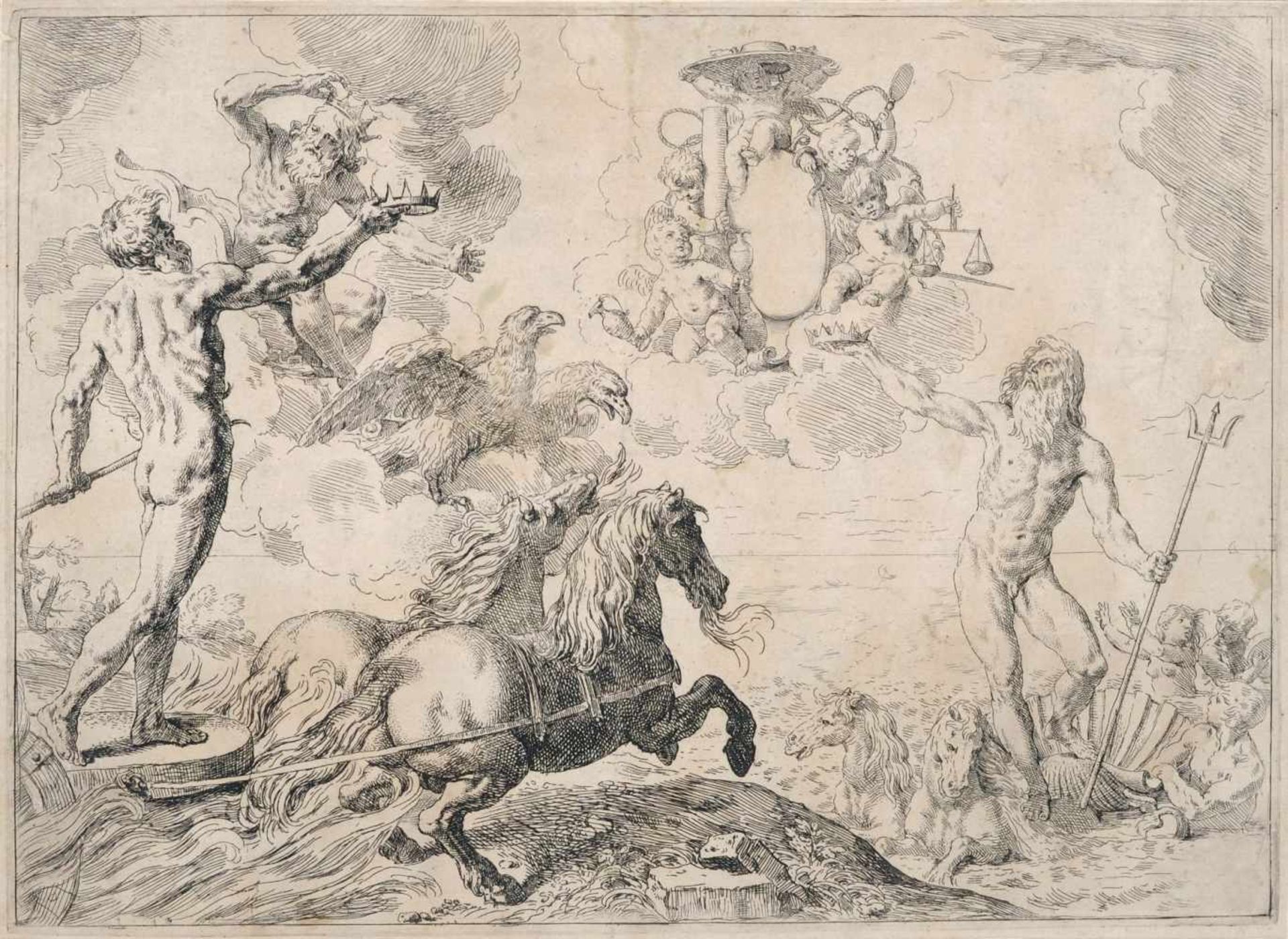 Simone Cantarini "Quos ego" (Jupiter, Neptun und Pluto huldigen dem Wappen des Kardinal Borghese,