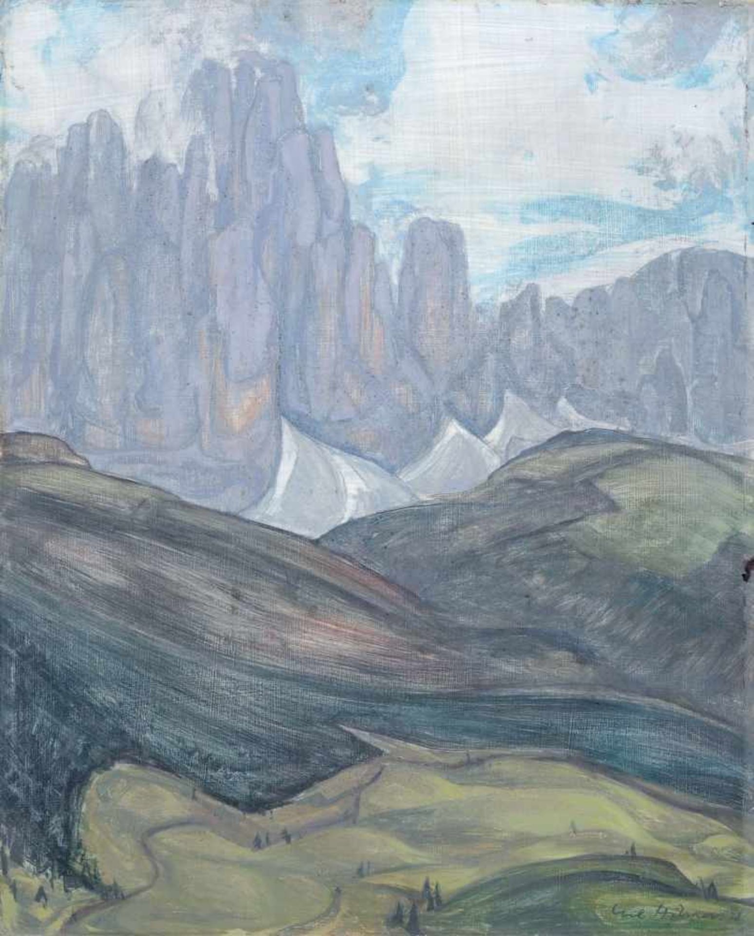 Carl Hilmers "Dolomiten" (Die drei Zinnen). 1928. Öl auf Malpappe. Signiert u.re. "Carl Hilmers" und