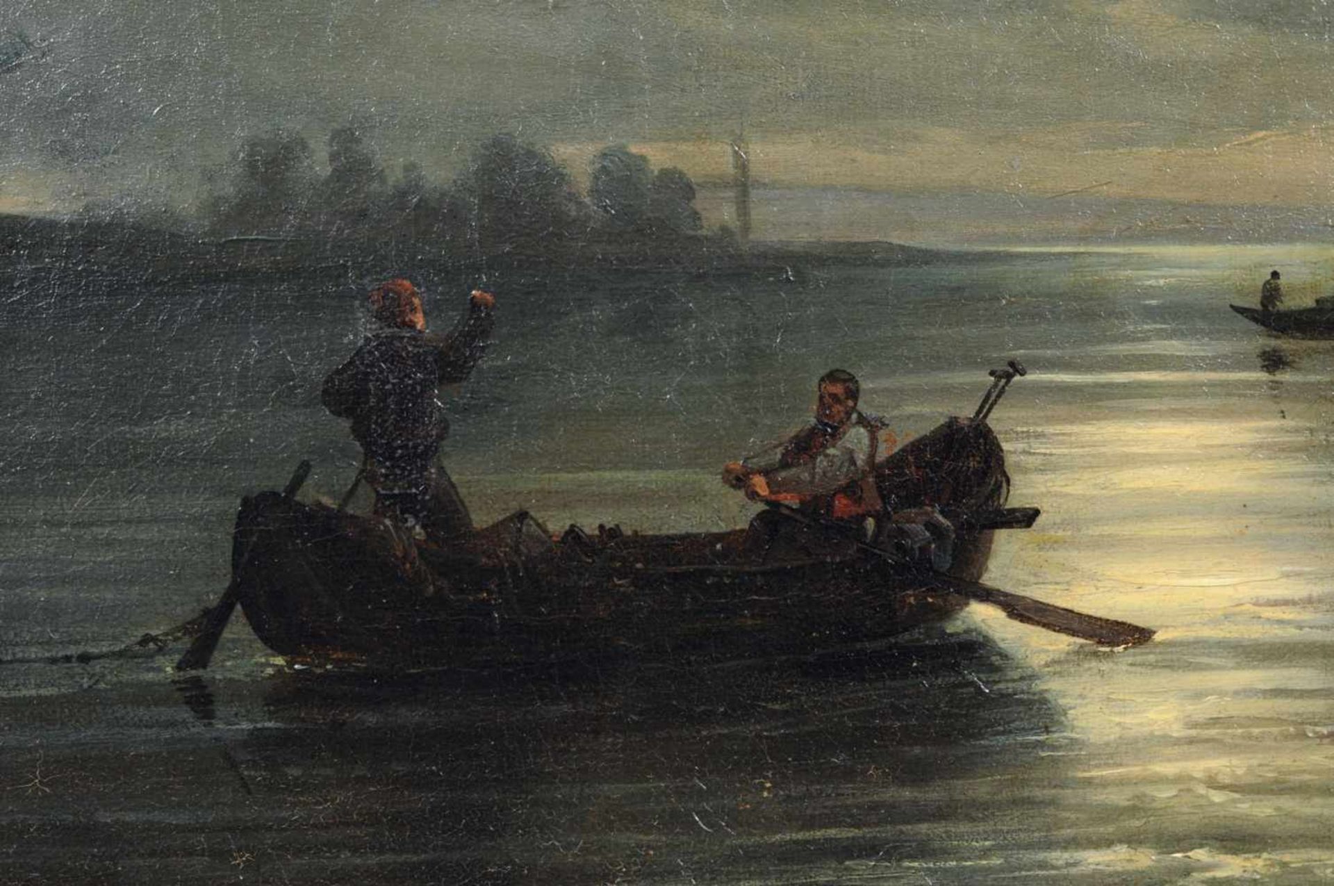 Johann Anton Castell, Elblandschaft mit Booten im Mondschein. 1852. Öl auf Leinwand. Ligiert - Bild 8 aus 9