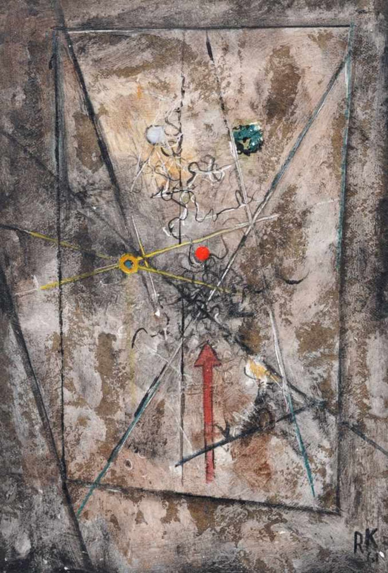 Rudolf Kuhlmann, Abstrakte Komposition / "Rotes Ziel" / "Ungleich". 1961. Mischtechniken (Öl, - Bild 4 aus 7