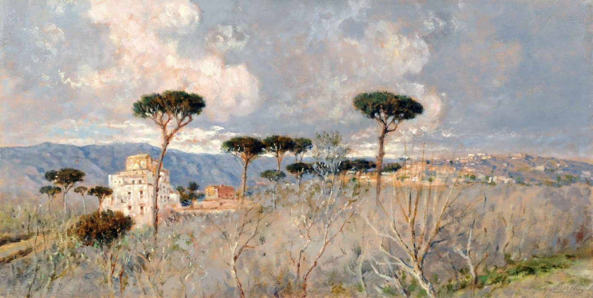 Giuseppe Carelli, Neapolitanische Landschaft mit Pinien. Anfang 20. Jh. Öl auf Holz. Signiert "G.
